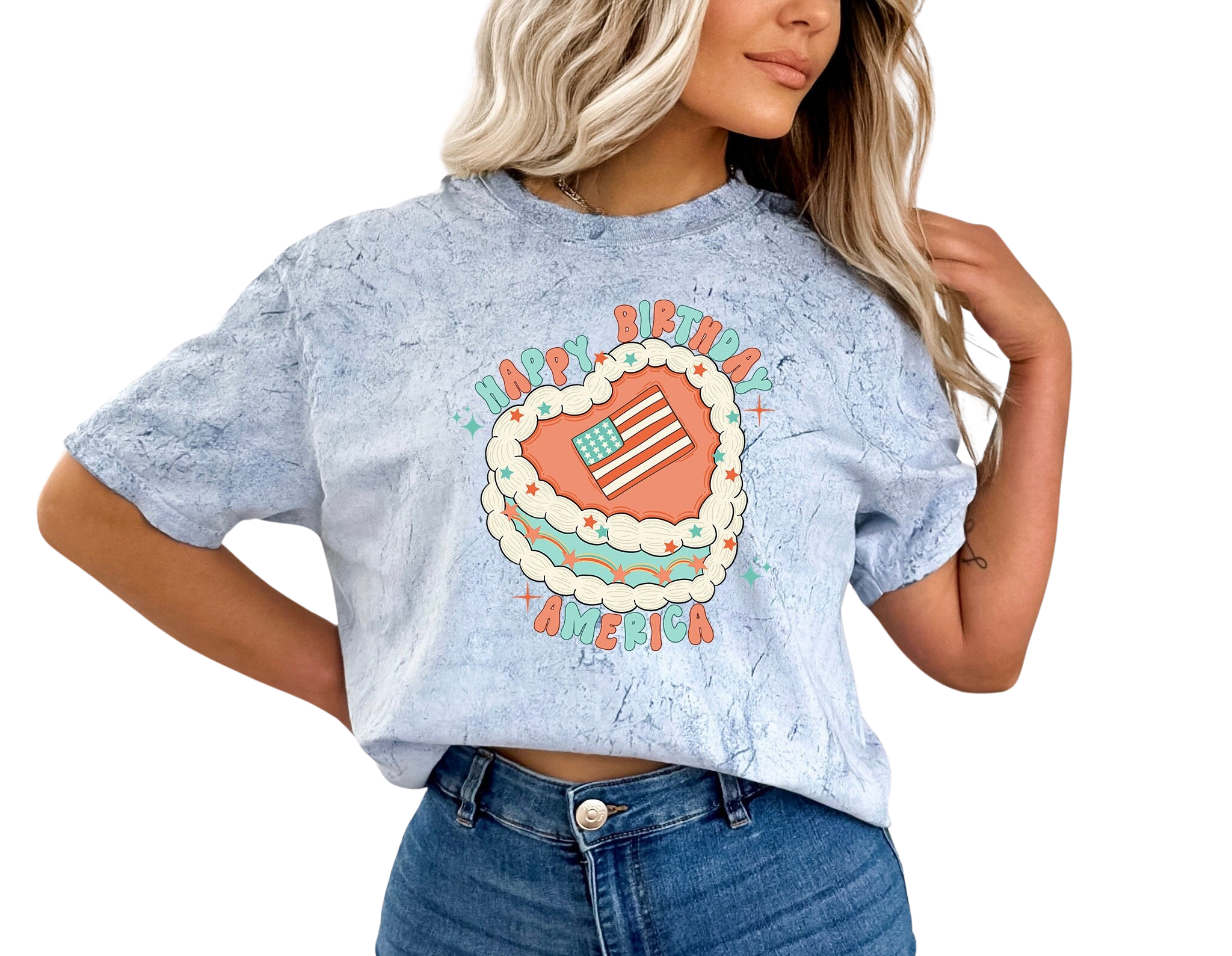Retro Happy Birthday America Tie Dye Vintage Washed T-Shirt July fourth shirt Womens 4th of July