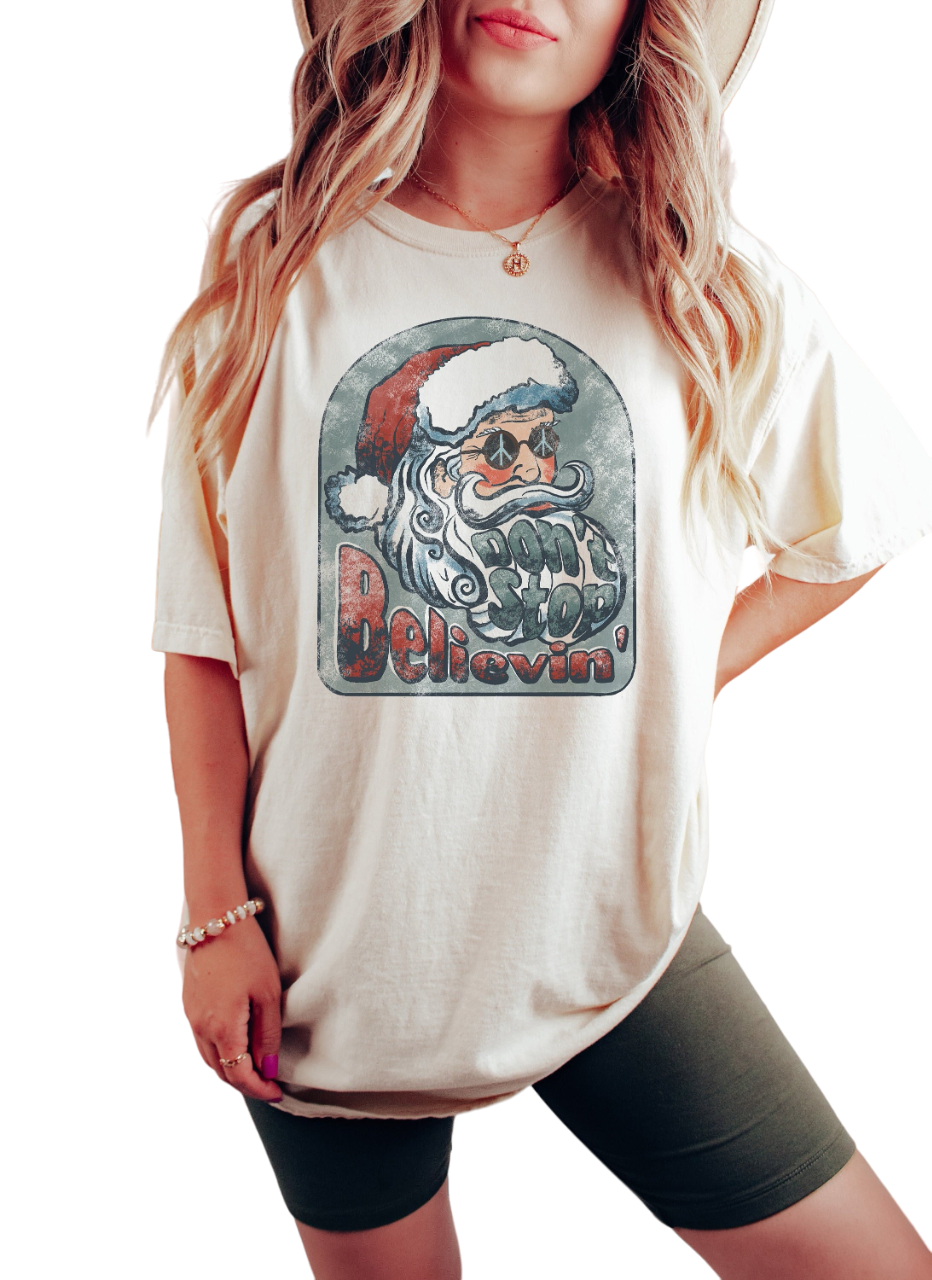 Retro Christmas Vintage Washed Shirt, Don't Stop Believing Shirt, Vintage Santa Christmas Shirt,