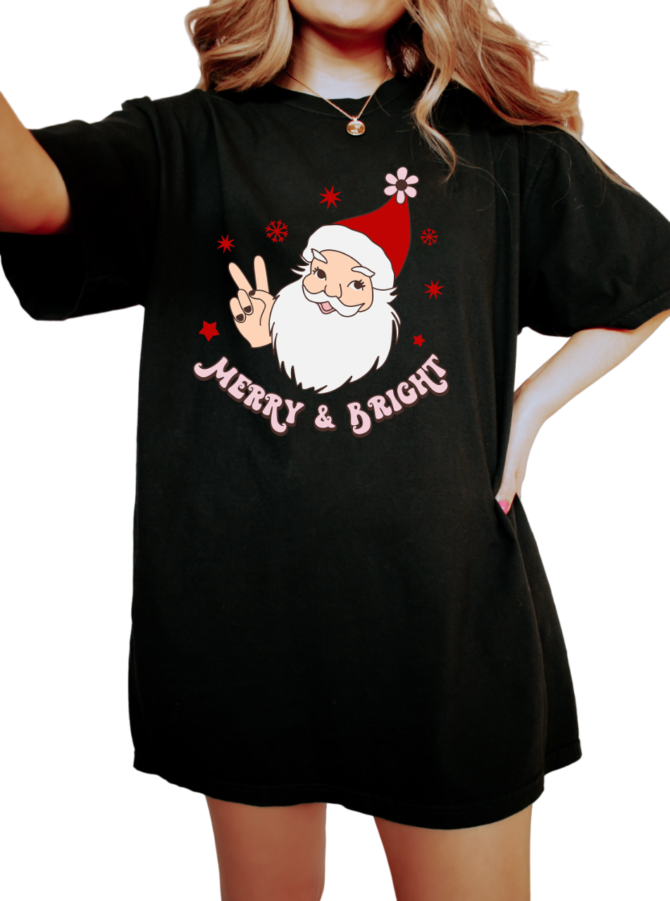 Retro Christmas Vintage Washed Shirt, Merry And Bright Santa Shirt, Vintage Santa Christmas Shirt,