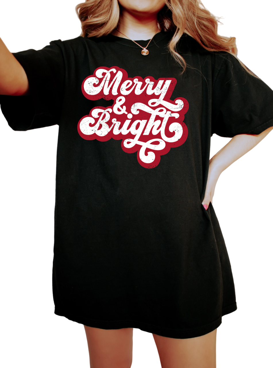Retro Christmas Vintage Washed Shirt, Merry And Bright Santa Shirt, Vintage Santa Christmas Shirt,
