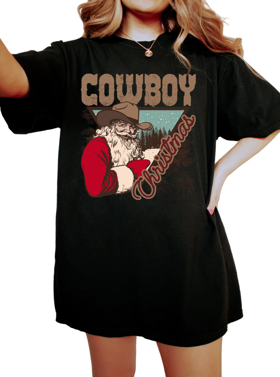 Retro Christmas Vintage Washed Shirt, Christmas Cowboy Western Shirt, Vintage Santa Christmas Shirt,