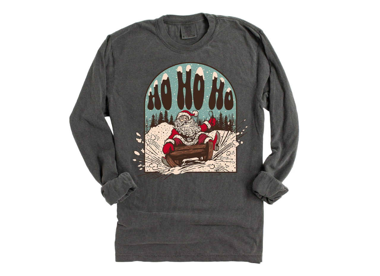 Long Sleeve Retro Christmas Vintage Washed shirt, Ho Ho Ho Santa, Vintage New Years Holiday Shirt,