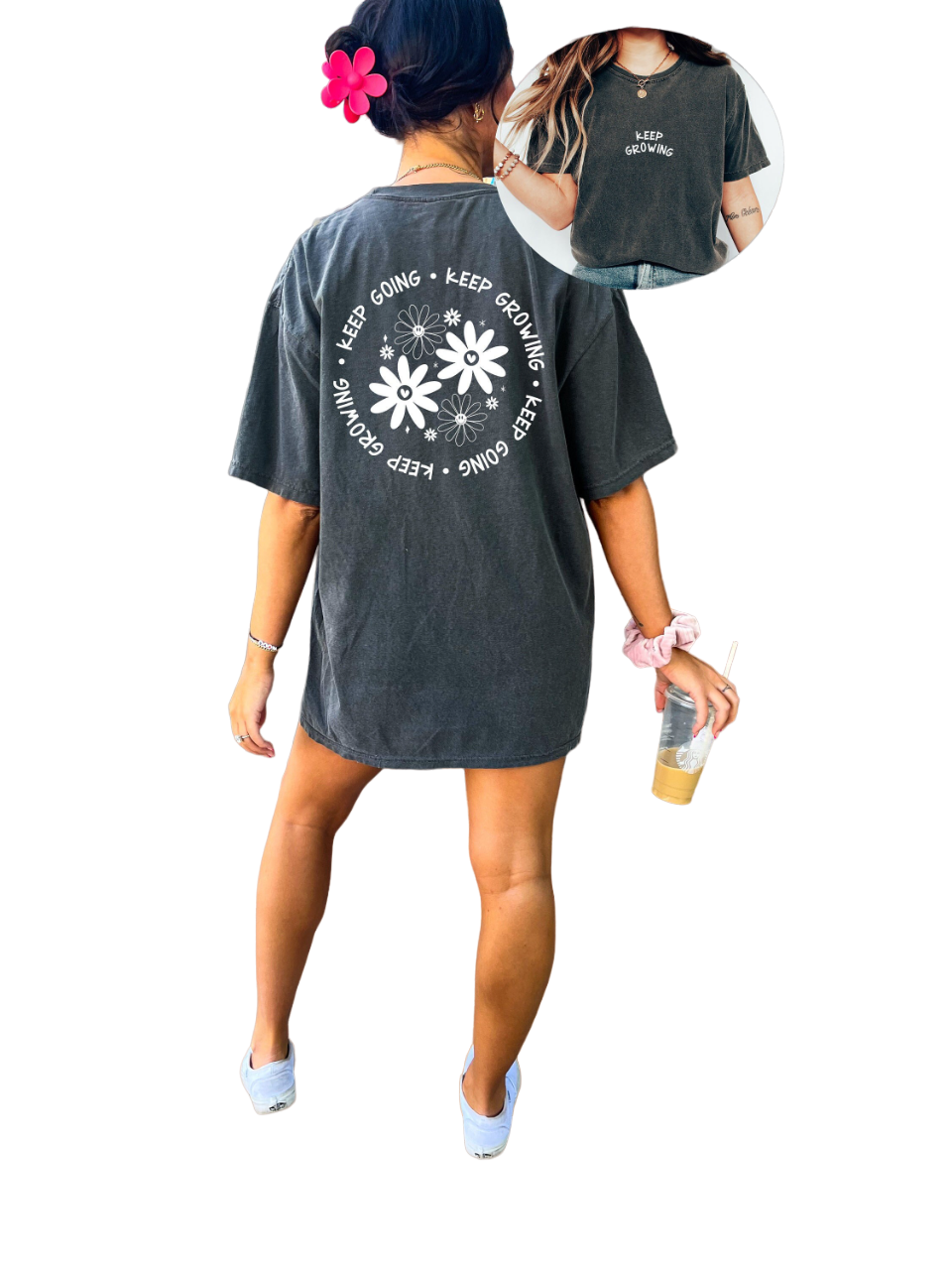 Vintage Washed Tee, Keep Growing Flower Shirt, Quote Shirt, Womens Oversized Shirt, Oversized Shirt,
