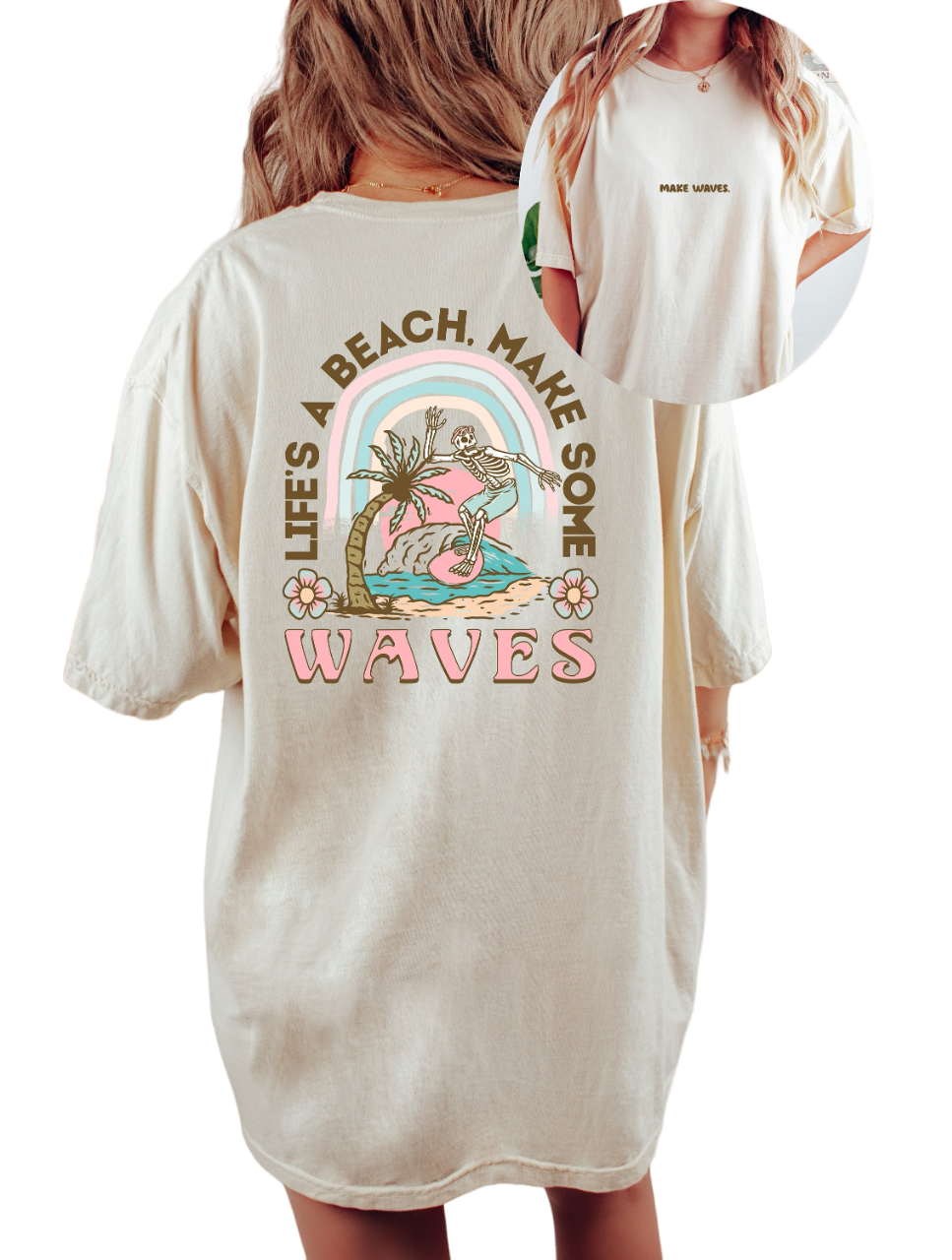 Vintage Washed Tee, Lifes A Beach Make Waves Tee, Quote Shirt, Womens Oversized Shirt, Oversized