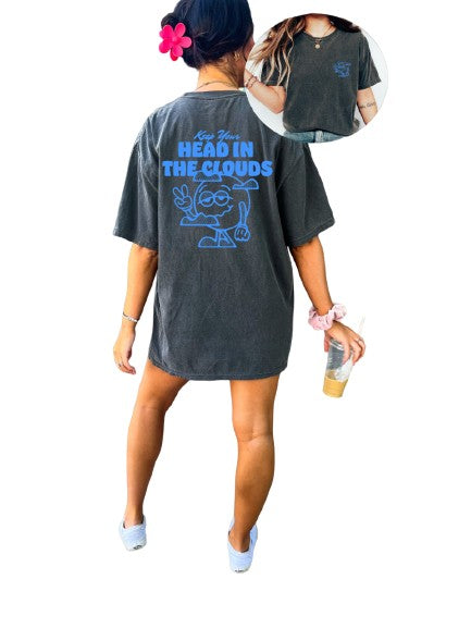 Vintage Washed Tee, Head In The Clouds Blue Tee, Quote Shirt, Womens Oversized Shirt, Oversized