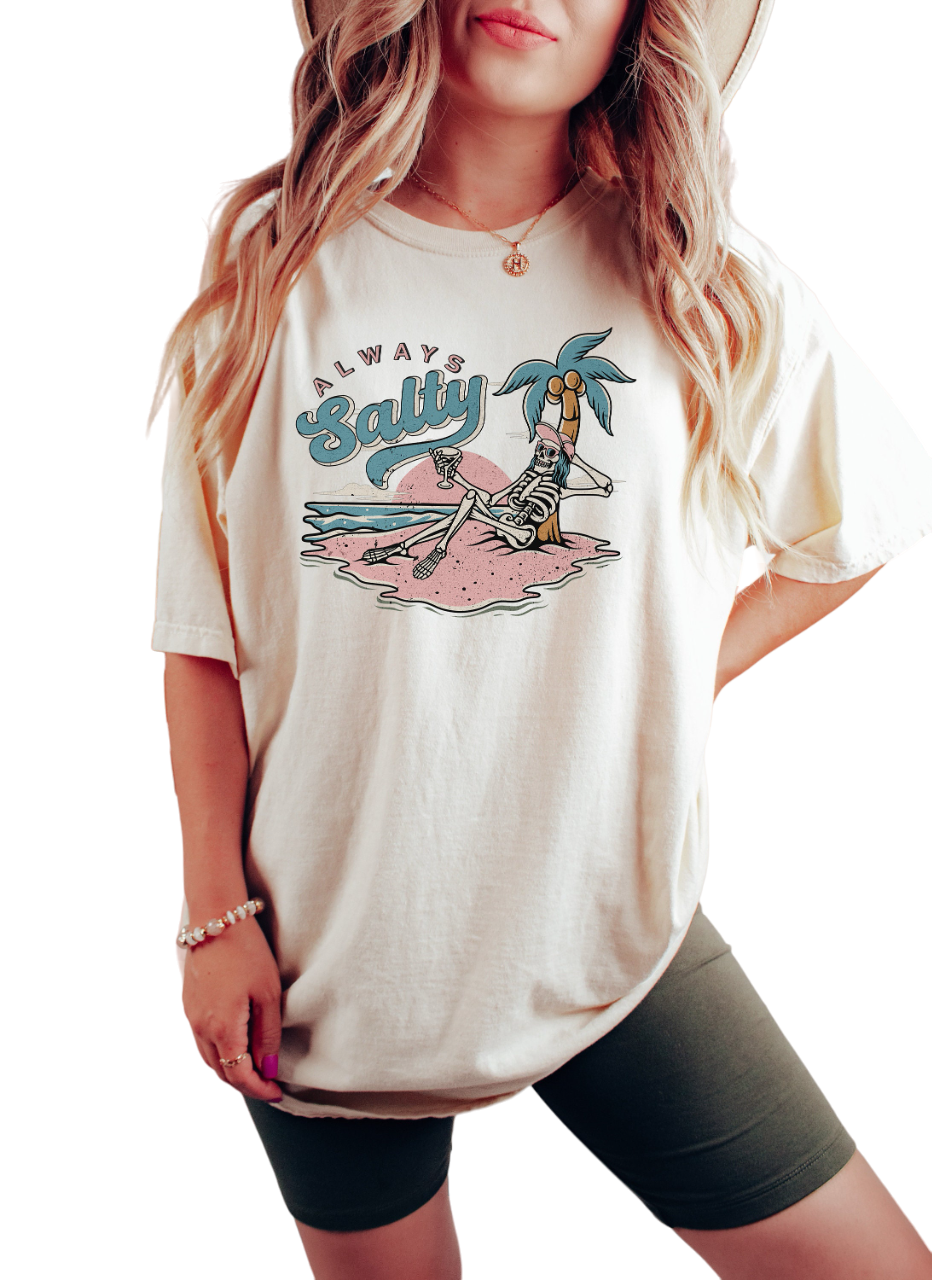 Vintage Washed, Always Salty Skeleton Palm Trees Beach T-shirt, Waves Watermelon Beach Shirt,