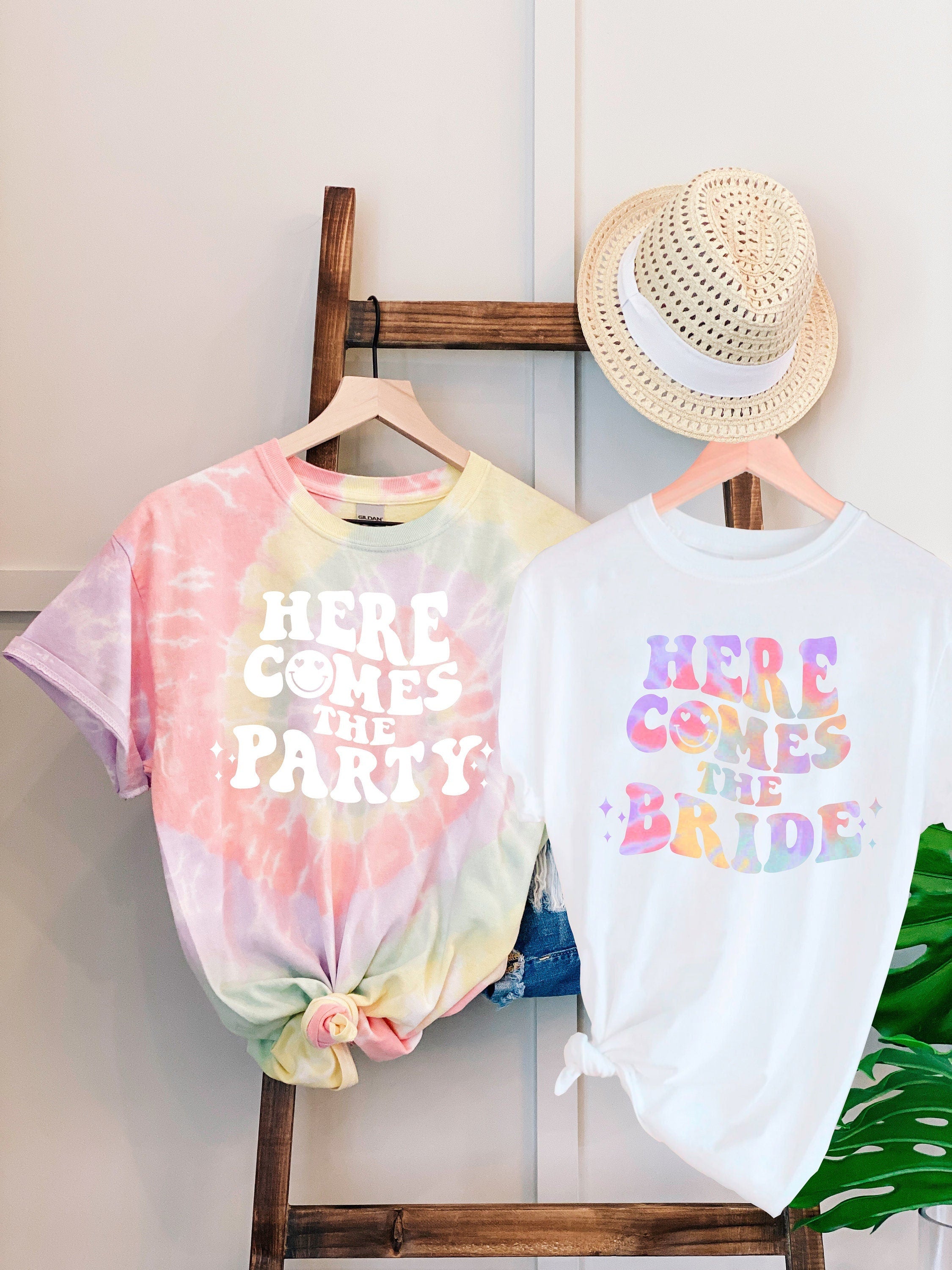 Bachelorette Wavy Tie Dye Party Shirts, Here Comes The Bride, Here Comes The Party, Gift,Retro Graphic Tee,Bridal Party Shirts,Girls Trip