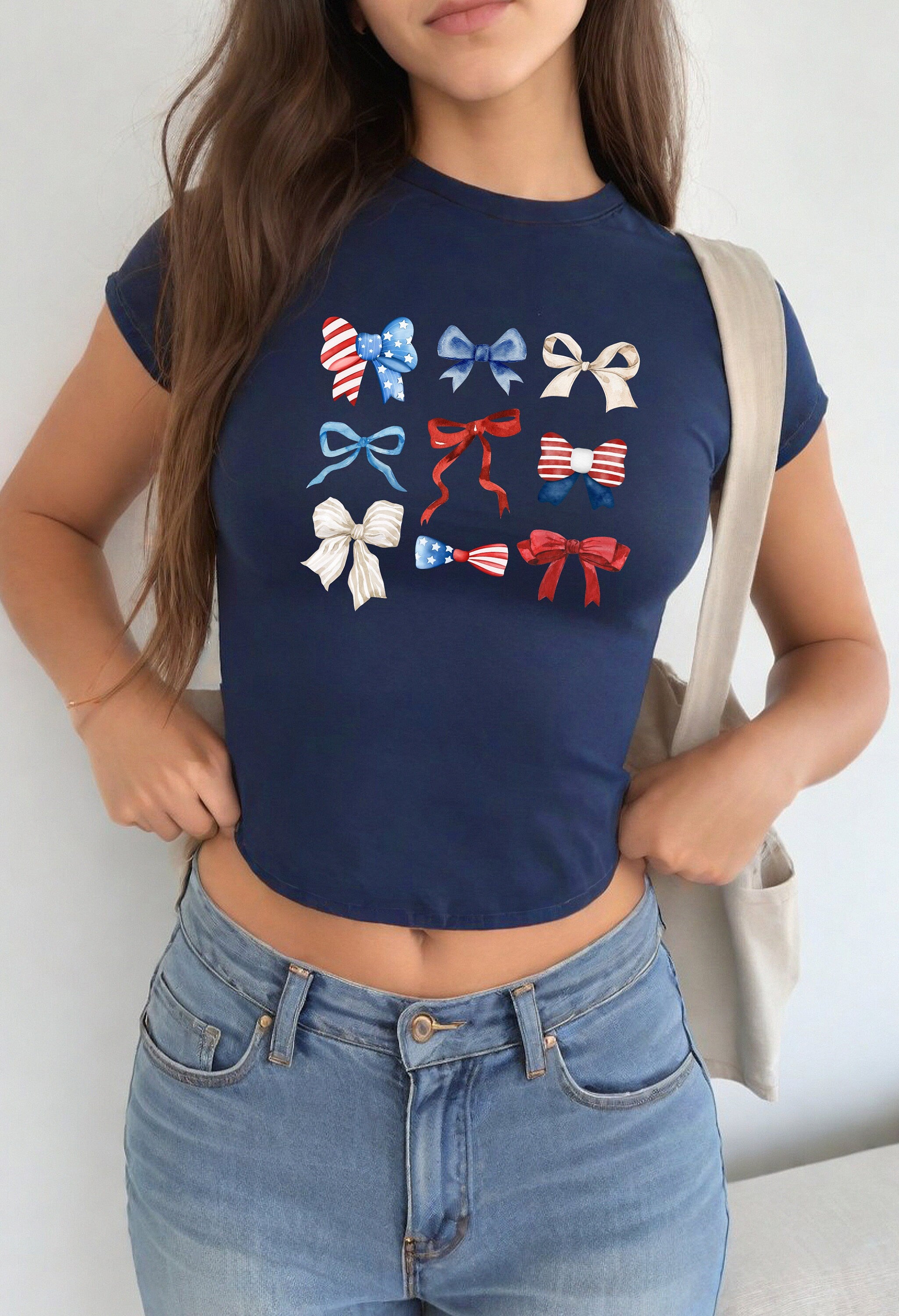 4th of July Baby Tee, Forth of July Bow Design, Cute July 4th Baby Tee, Gildan 5000B T Shirt, Independence Day Cropped Shirt, Red White Blue