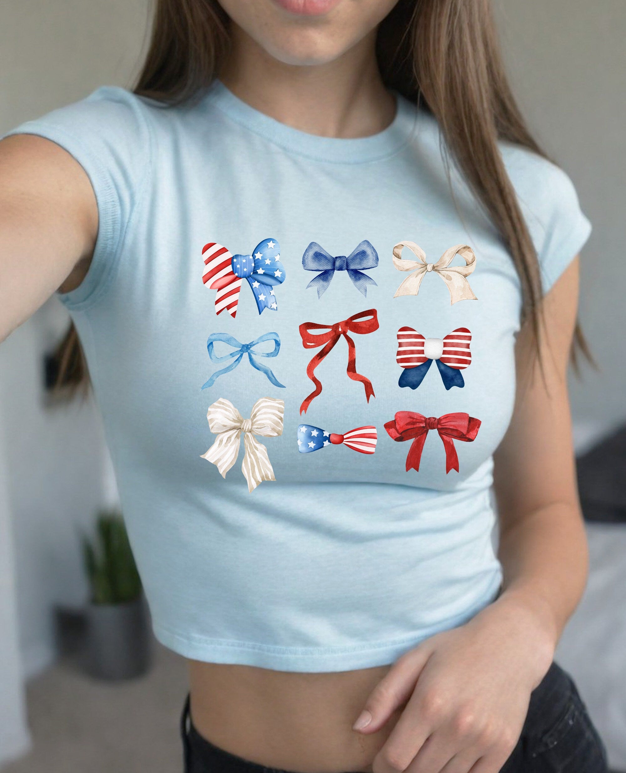 4th of July Baby Tee, Forth of July Bow Design, Cute July 4th Baby Tee, Gildan 5000B T Shirt, Independence Day Cropped Shirt, Red White Blue