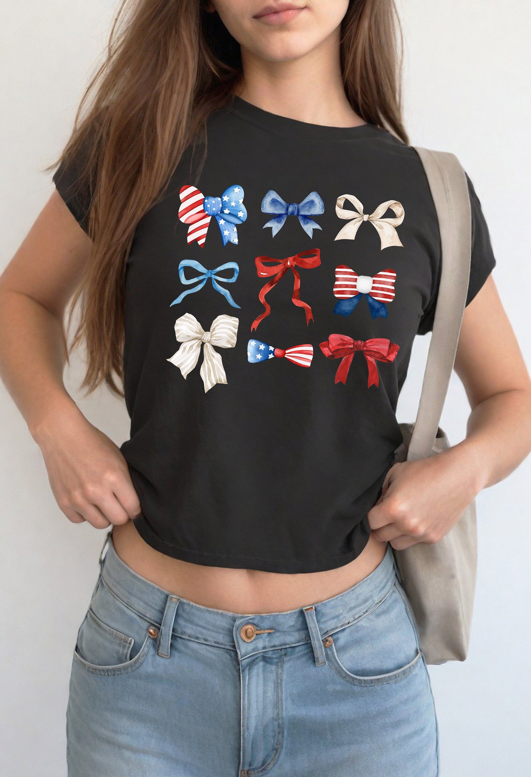 4th of July Baby Tee, Forth of July Bow Design, Cute July 4th Baby Tee, Gildan 5000B T Shirt, Independence Day Cropped Shirt, Red White Blue