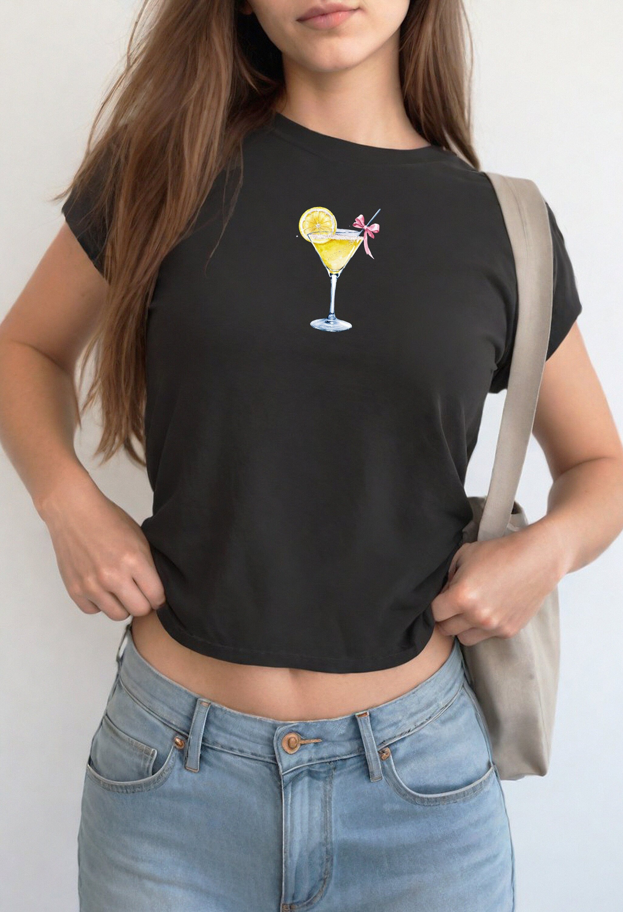 Lemon Drop Martini Pink Bow Baby Tee, Trendy Baby Tee, Cute Bow Graphic T, 90s TShirt, Pink Bow Tee Girly y2k baby tee 90s baby tee y2k Crop