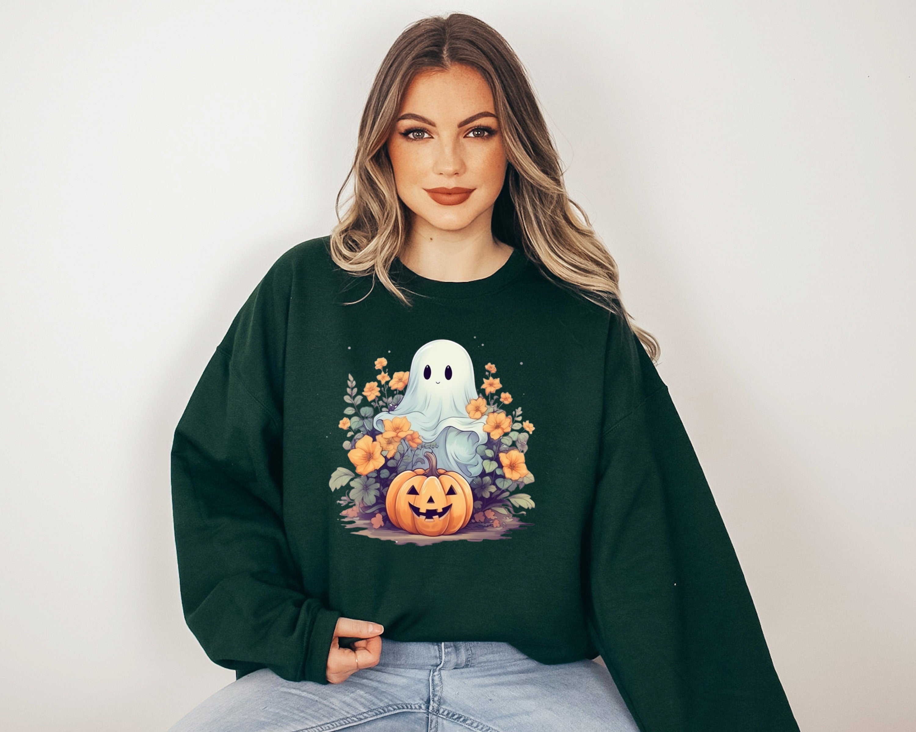 Cute Ghost And Jack O Lantern Halloween Sweatshirt, Fall Design, Cute Vintage Halloween Crew Neck, Funny Halloween Sweater, Autumn Sweater,