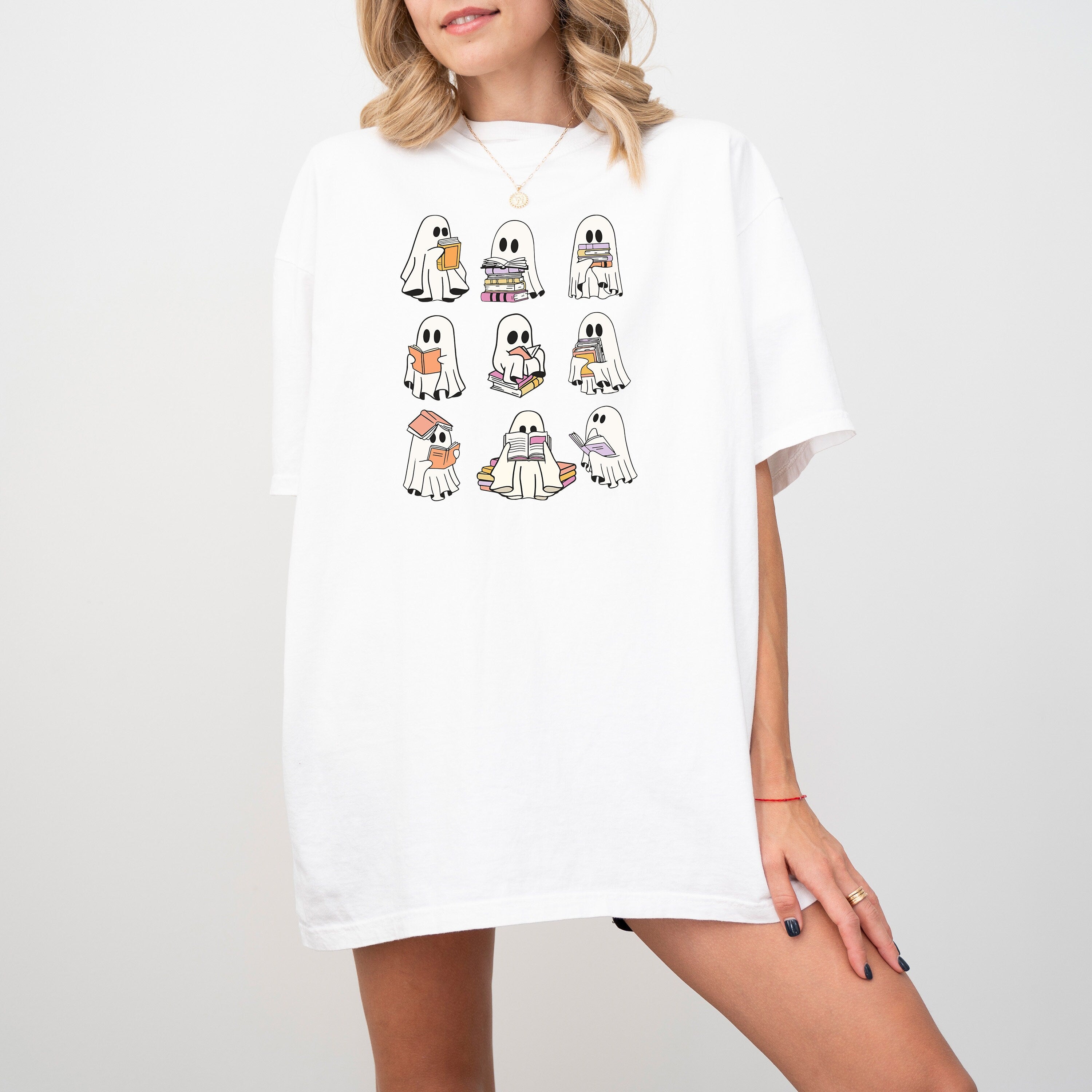 Cute Reading Ghost Collage Comfort Colors T Shirt, Halloween T Shirt, Cute Halloween Shirt, Book Shelf Autumn T, Fall Pumpkin Shirt