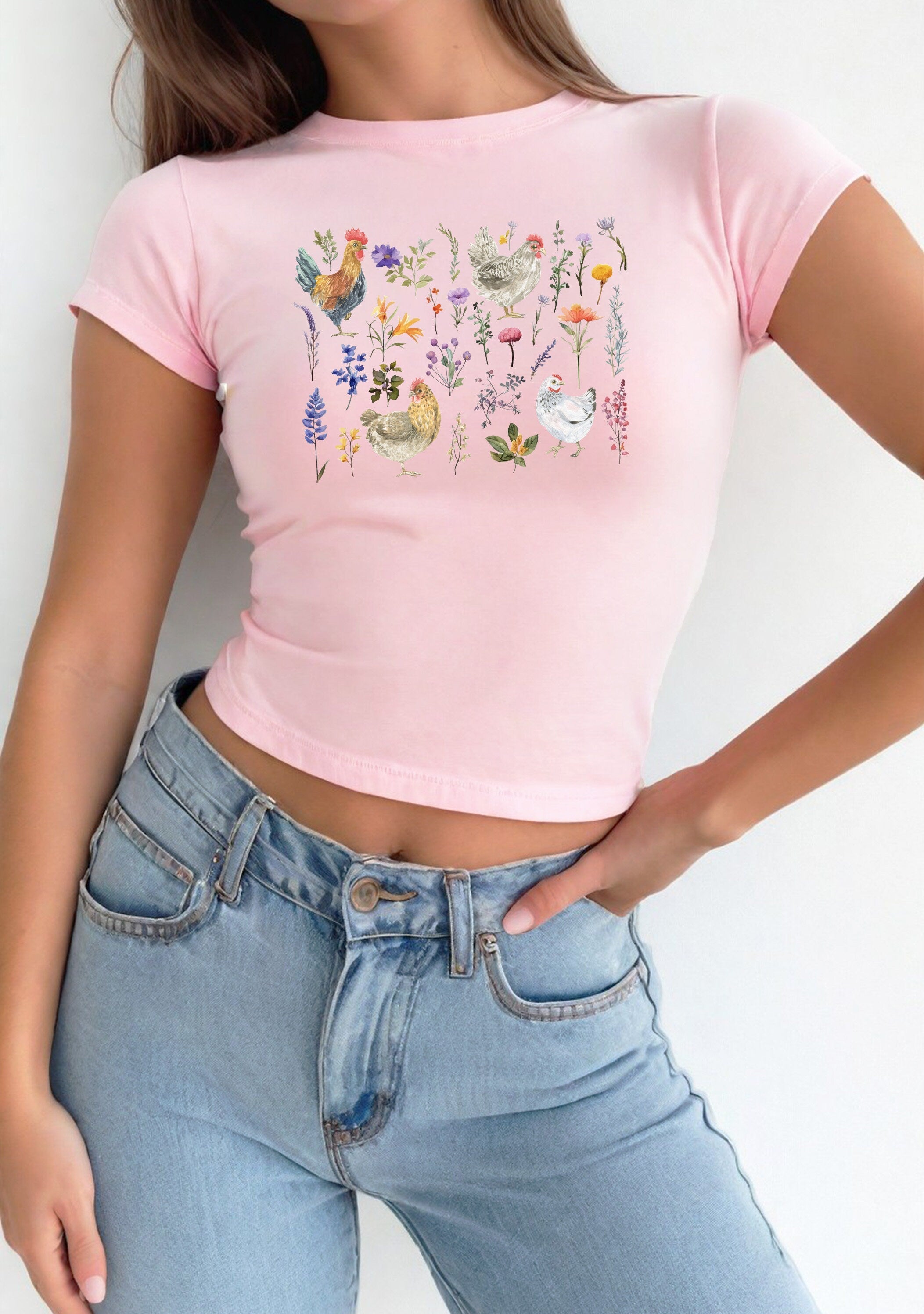 Floral Baby Tee, Chicken Baby T, Retro Cute Bow Graphic T, 90s TShirt, Pink Bow Tee Girly y2k baby tee 90s baby tee y2k Crop