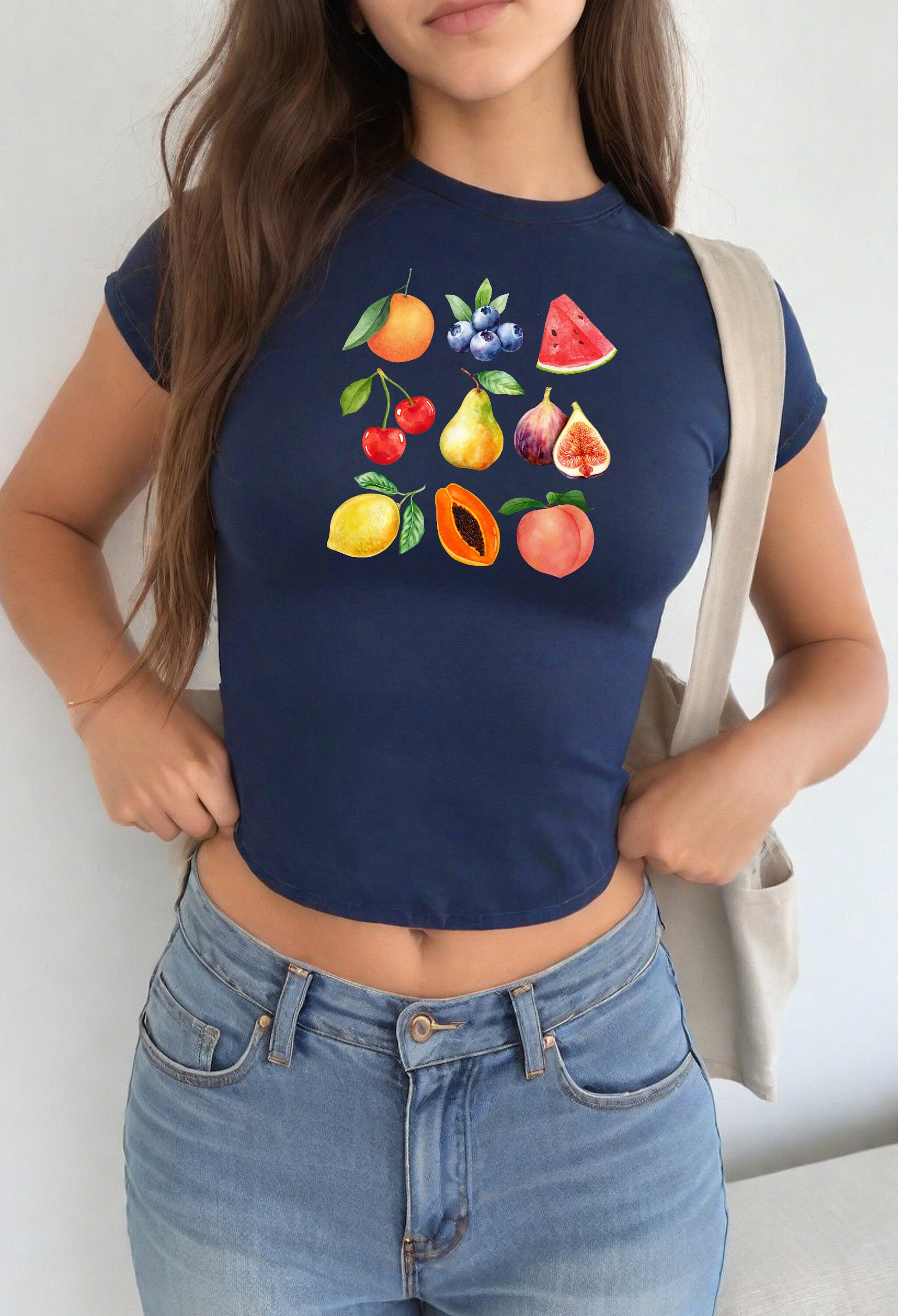 Watercolor Fruit Collage Baby Tee, Cherries Baby T, Cute Baby Tee, Crop T Shirt, Match Tee, y2k baby tee, 90s baby tee, y2k, Crop