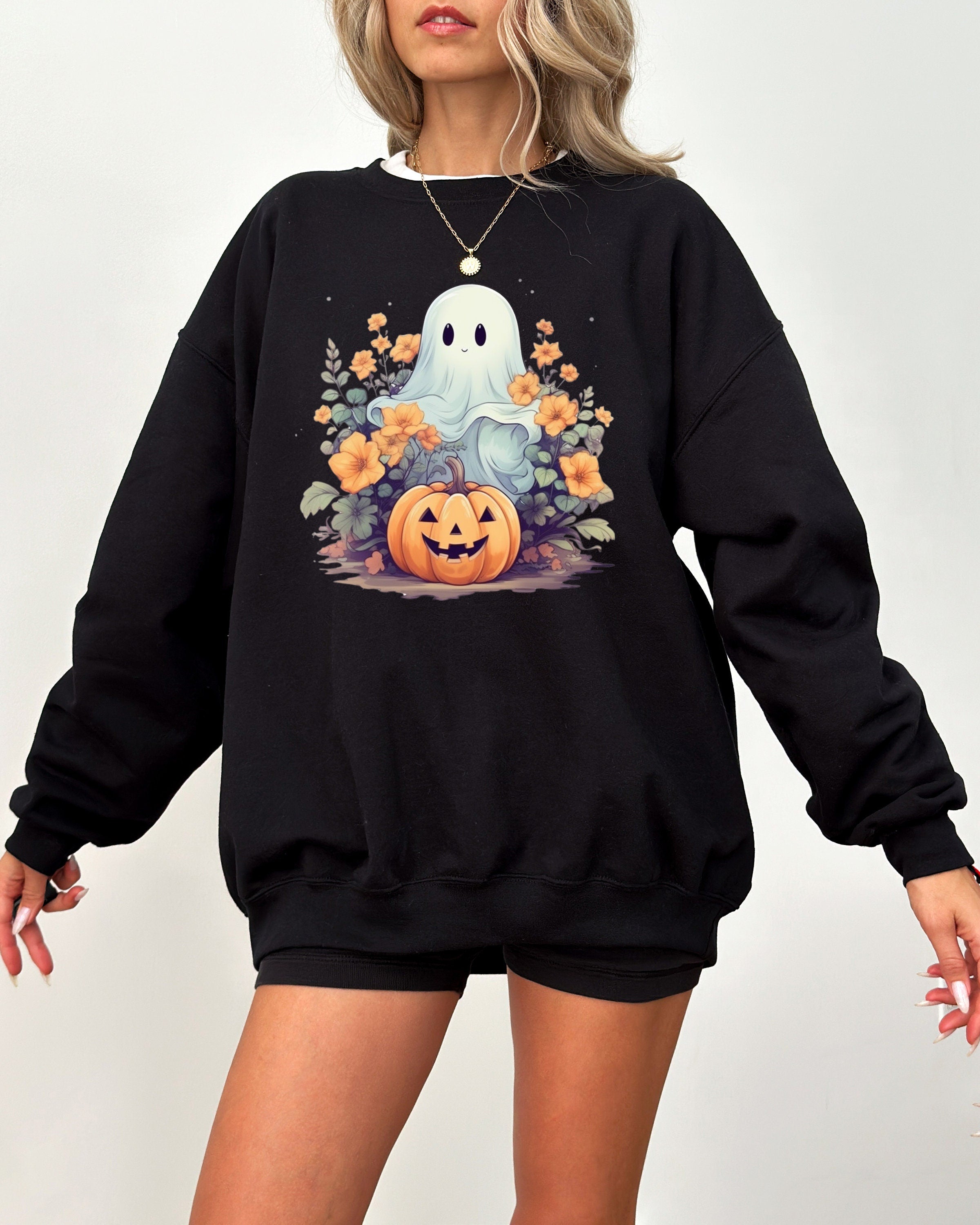 Cute Ghost And Jack O Lantern Halloween Sweatshirt, Fall Design, Cute Vintage Halloween Crew Neck, Funny Halloween Sweater, Autumn Sweater,