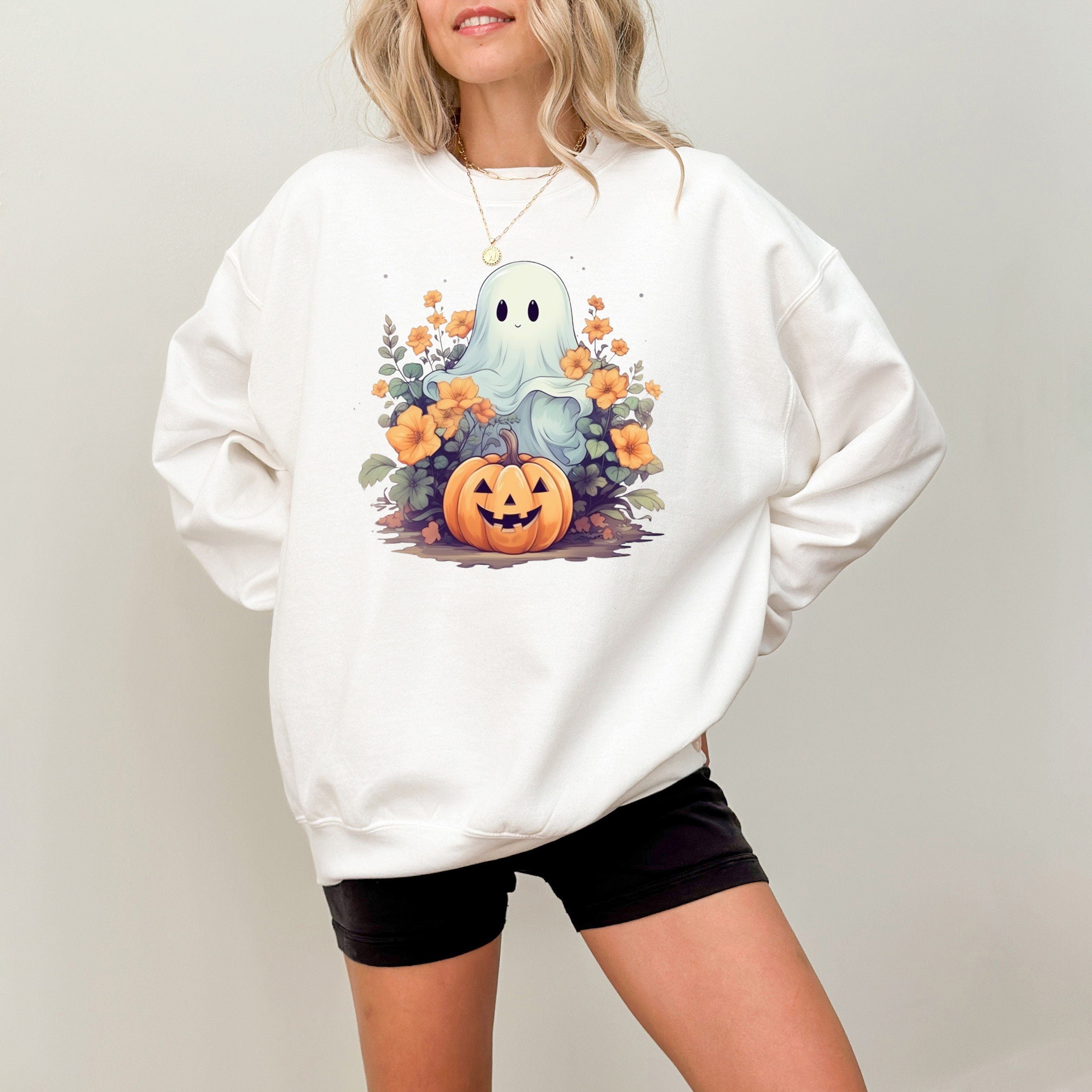 Cute Ghost And Jack O Lantern Halloween Sweatshirt, Fall Design, Cute Vintage Halloween Crew Neck, Funny Halloween Sweater, Autumn Sweater,