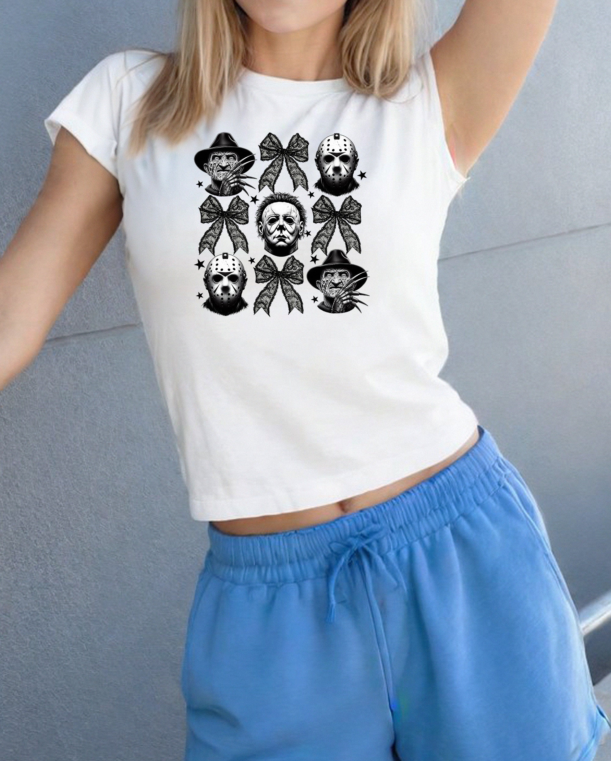 Scary Movie Men Baby Tee, Cute Halloween Graphic T, 90s TShirt, Black Bows Y2K Halloween Shirt, Pumpkin Design, Spooky Horror Film Shirt