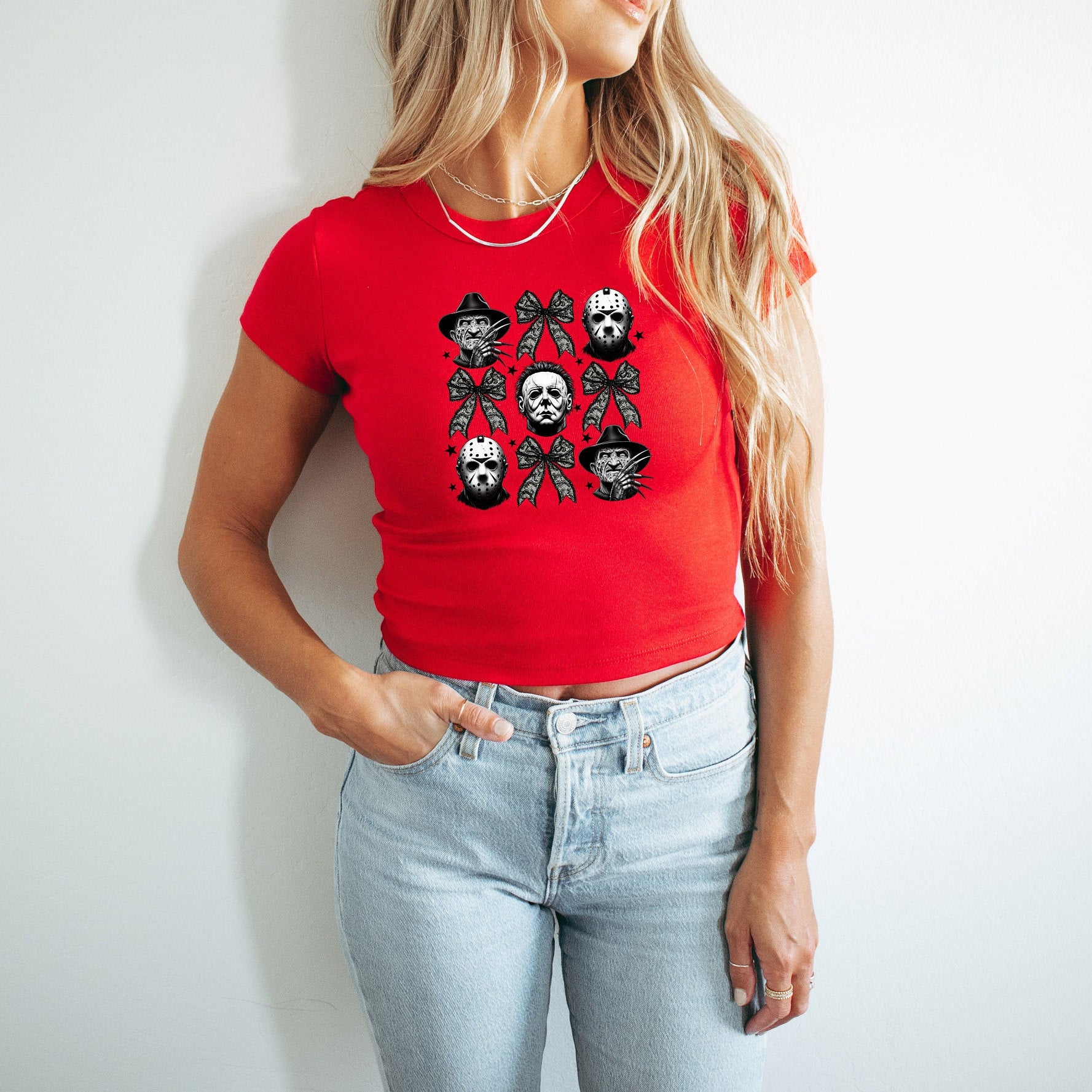 Scary Movie Men Baby Tee, Cute Halloween Graphic T, 90s TShirt, Black Bows Y2K Halloween Shirt, Pumpkin Design, Spooky Horror Film Shirt