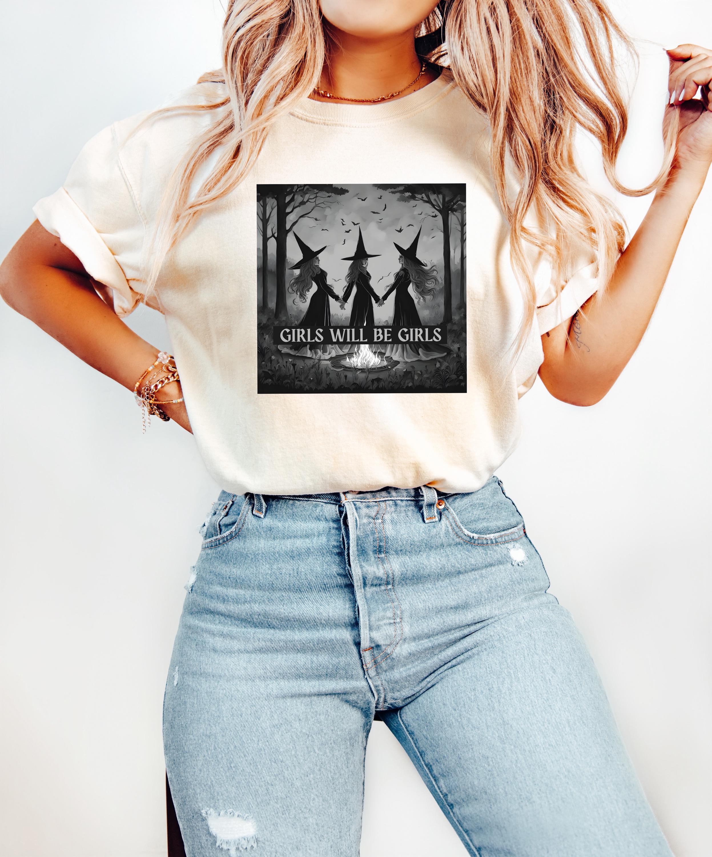 Comfort Colors T Shirt, Witch Design, Vintage Witch Halloween Shirt, Girls Will Be Girls Retro Fall Shirt, Autumn Shirt,