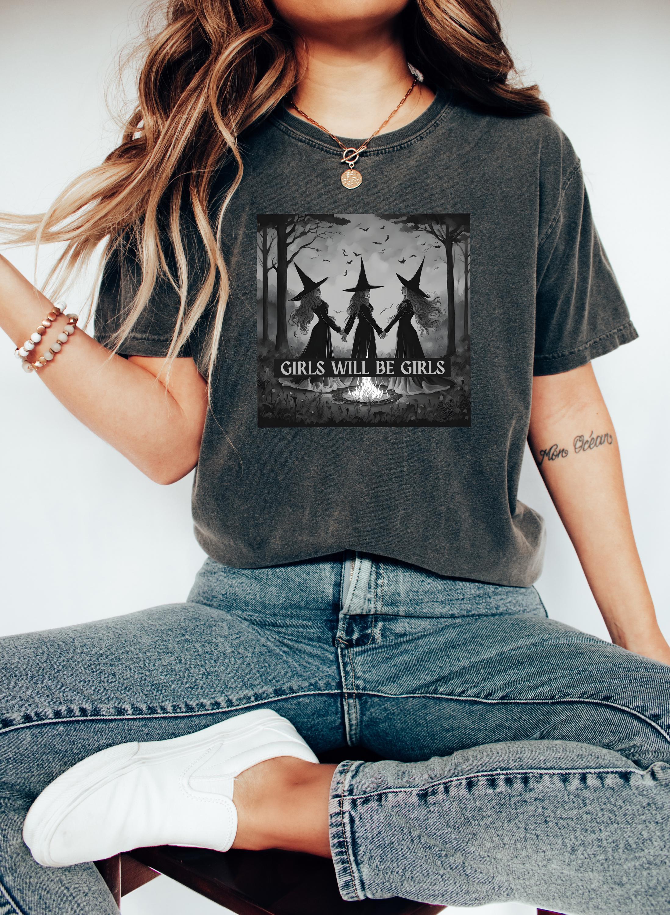Comfort Colors T Shirt, Witch Design, Vintage Witch Halloween Shirt, Girls Will Be Girls Retro Fall Shirt, Autumn Shirt,