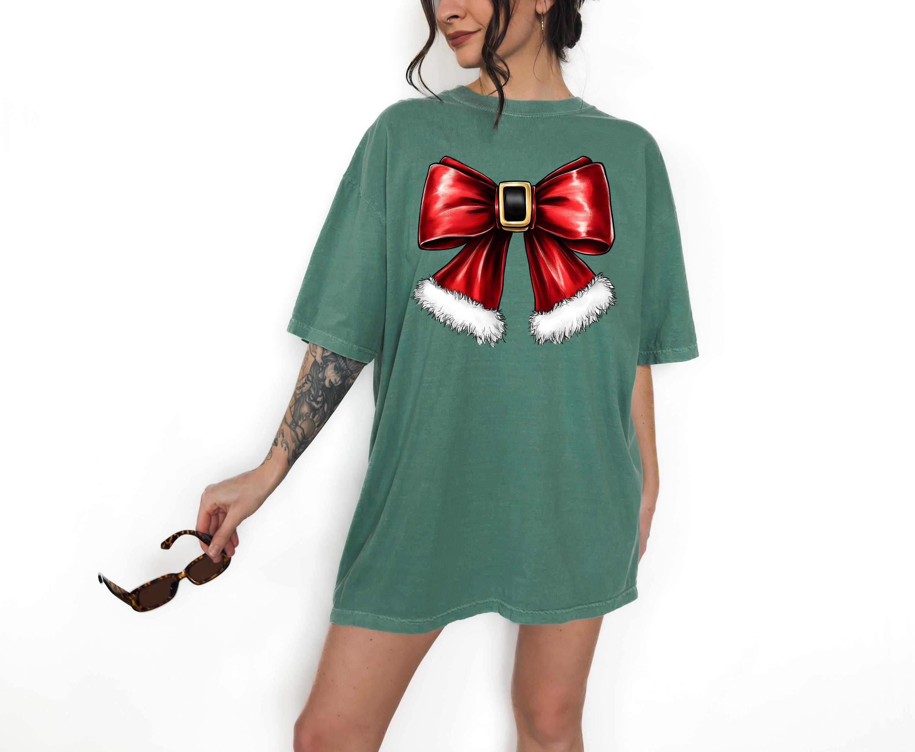 Comfort Colors T Shirt, Santa Christmas Bow, Christmas Bow T Shirt, Vintage Christmas Shirt, Retro Holiday Shirt, 2024 Christmas T Shirt,