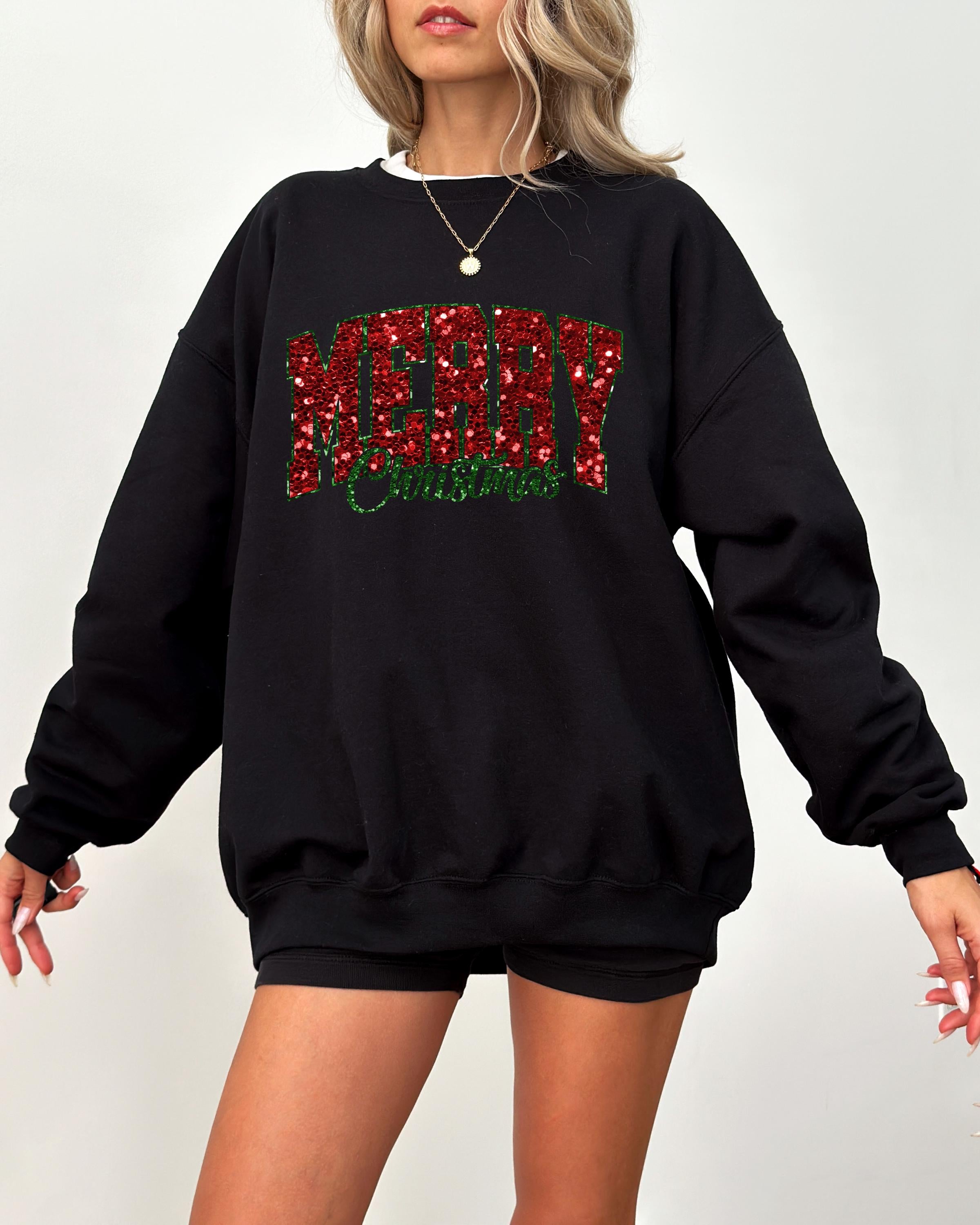 Sparkly Merry Christmas Sweater, Trendy Christmas Crewneck, Winter Sweatshirt, Xmas Graphic Pullover, Cute Sequin Holiday Jumper,