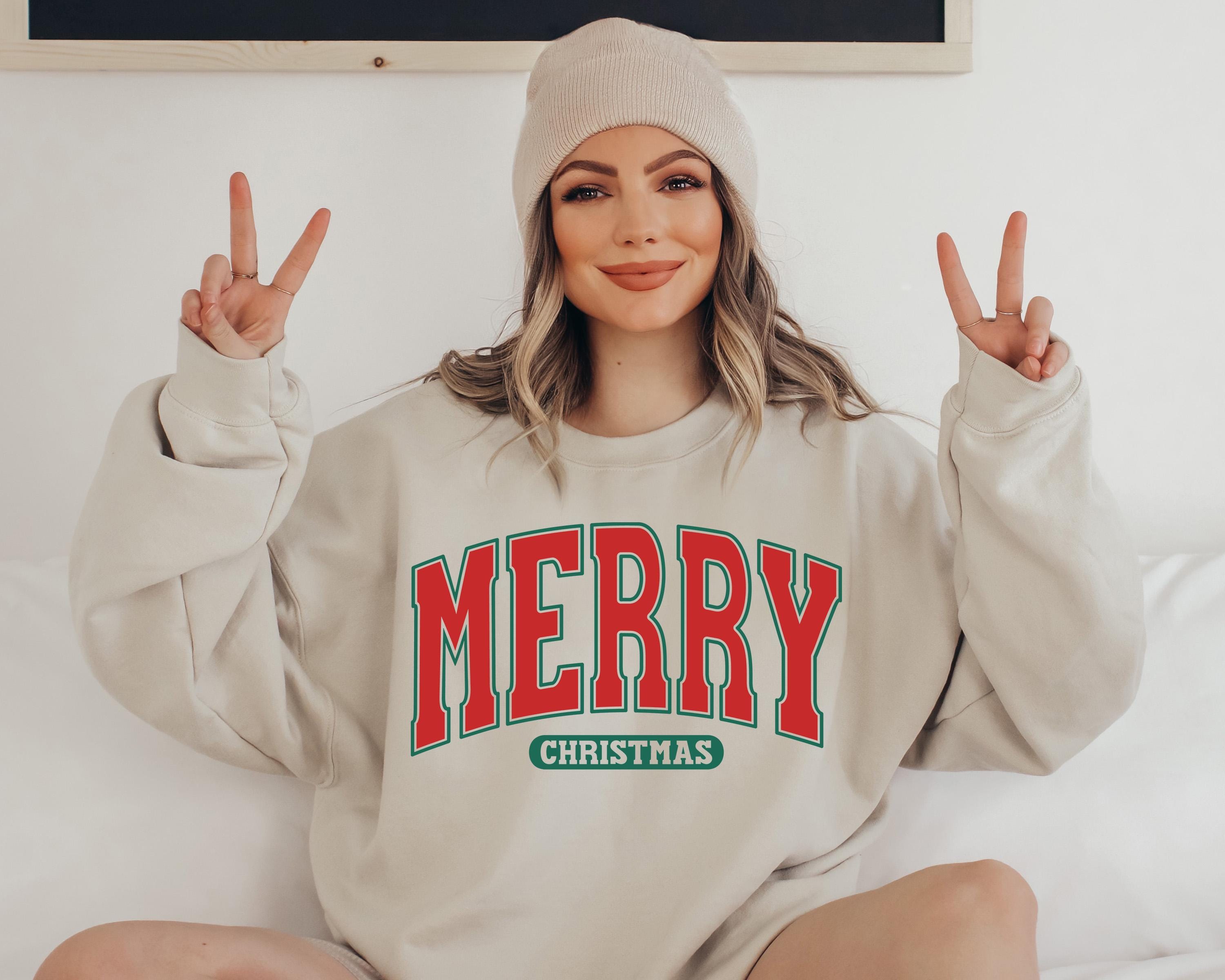 Merry Christmas Sweater, Trendy Varsity Christmas Crewneck, Winter Sweatshirt, Xmas Graphic Pullover, Cute Holiday Jumper, Santa Design