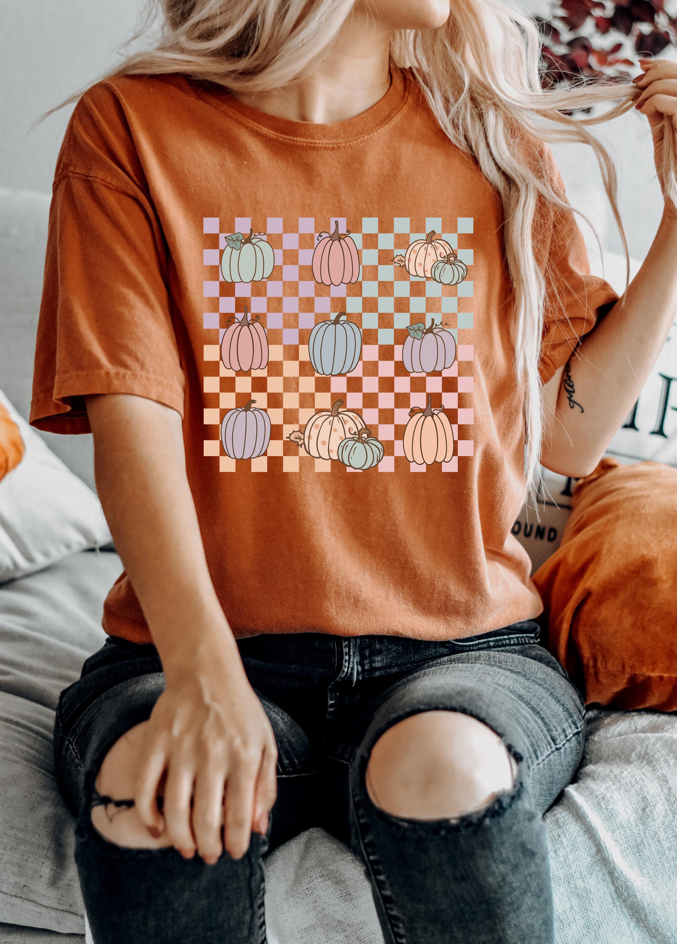 Comfort Colors T Shirt, Halloween Retro Pumpkin Tee, Pastel Checkered Design, Fall T Shirt, Cute Autumn Shirt, Pumpkin Collage,
