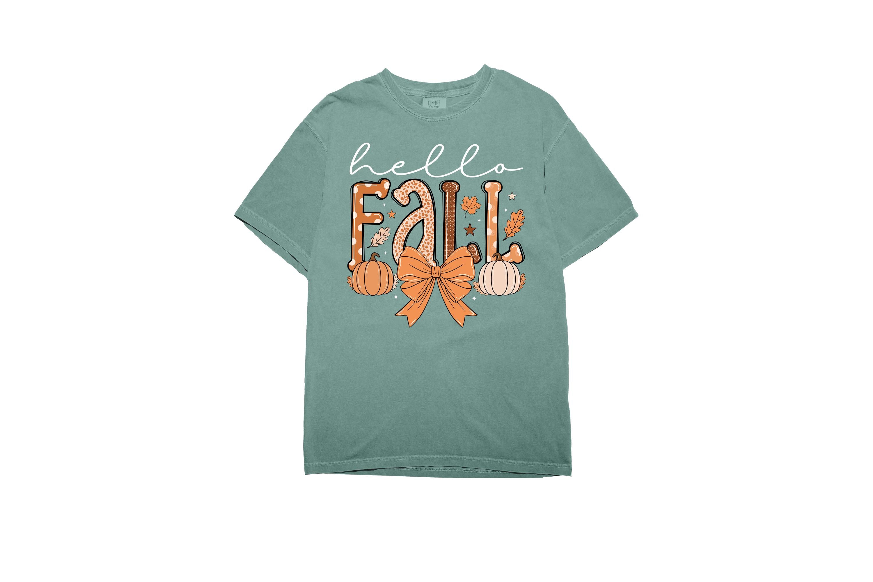 Hello Fall Comfort Colors T Shirt, Thanksgiving Tshirt, Halloween shirt, Autumn Bow Tee, Fall Tee, Trendy Womens Graphic T, Pumpkin Shirt