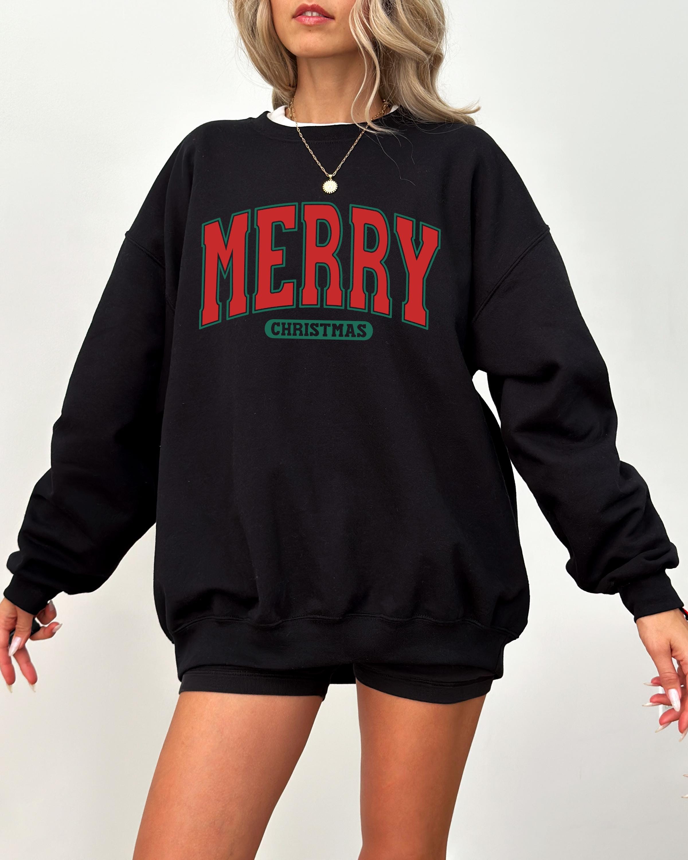 Merry Christmas Sweater, Trendy Varsity Christmas Crewneck, Winter Sweatshirt, Xmas Graphic Pullover, Cute Holiday Jumper, Santa Design