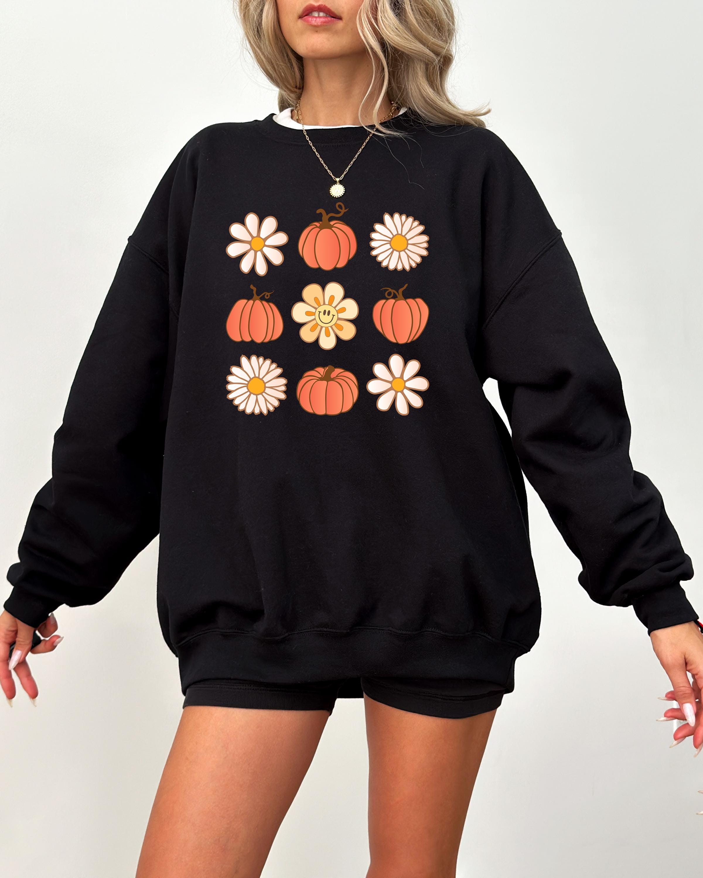 Autumn Harvest Sweatshirt, Retro Thanksgiving Women's Sweater, Vintage Flower and Pumpkin Crewneck, Fall Shirt, Cute Fall Fleece