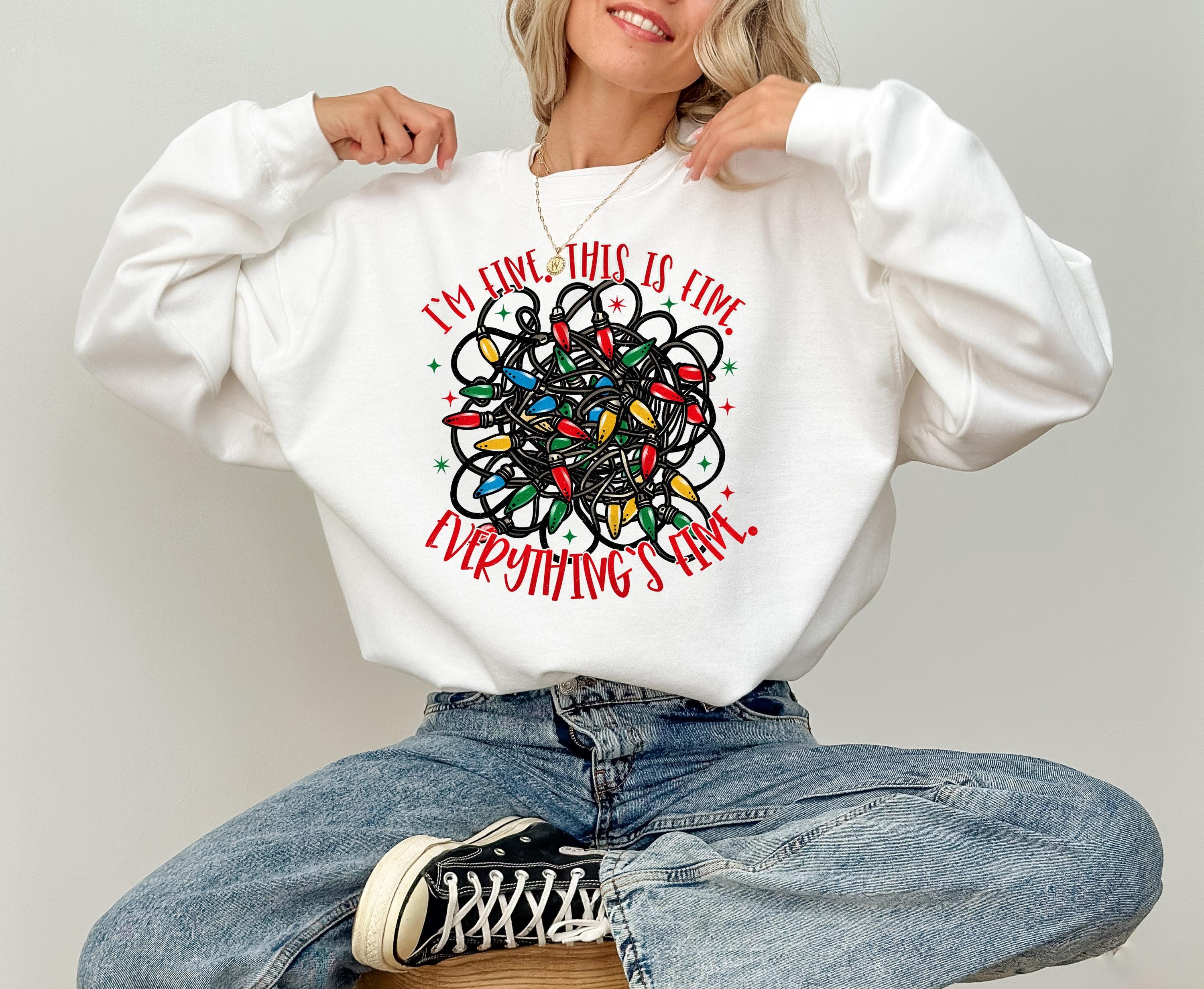 Funny Christmas Sweater, Trendy Christmas Crewneck, Winter Sweatshirt, Xmas Graphic Pullover, Cute Holiday Jumper It's Fine Everythings Fine