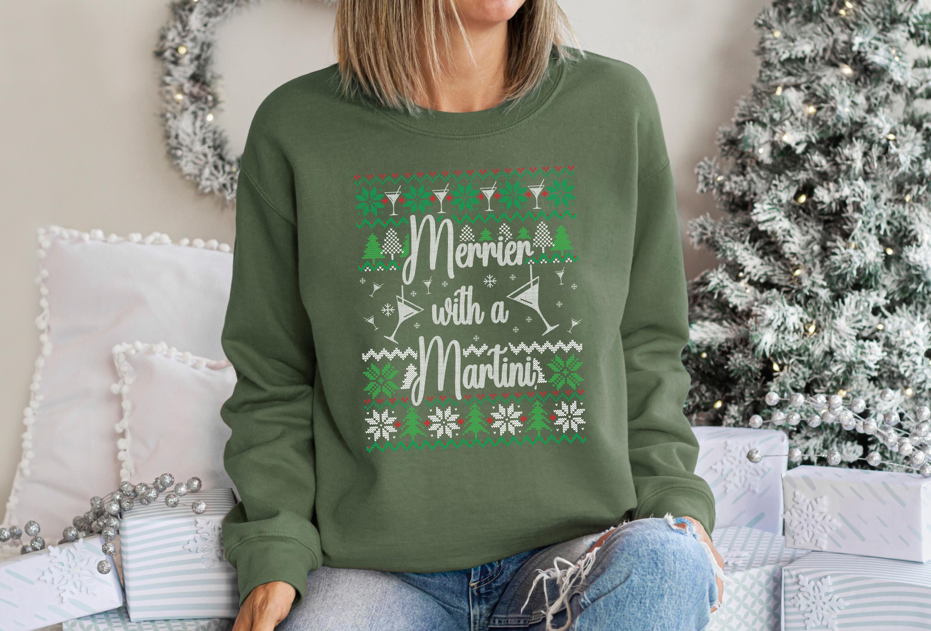 Merrier With A Martini Ugly Christmas Sweater, Trendy Christmas Crewneck, Winter Sweatshirt, Martini Design, Christmas Holiday Party Crew