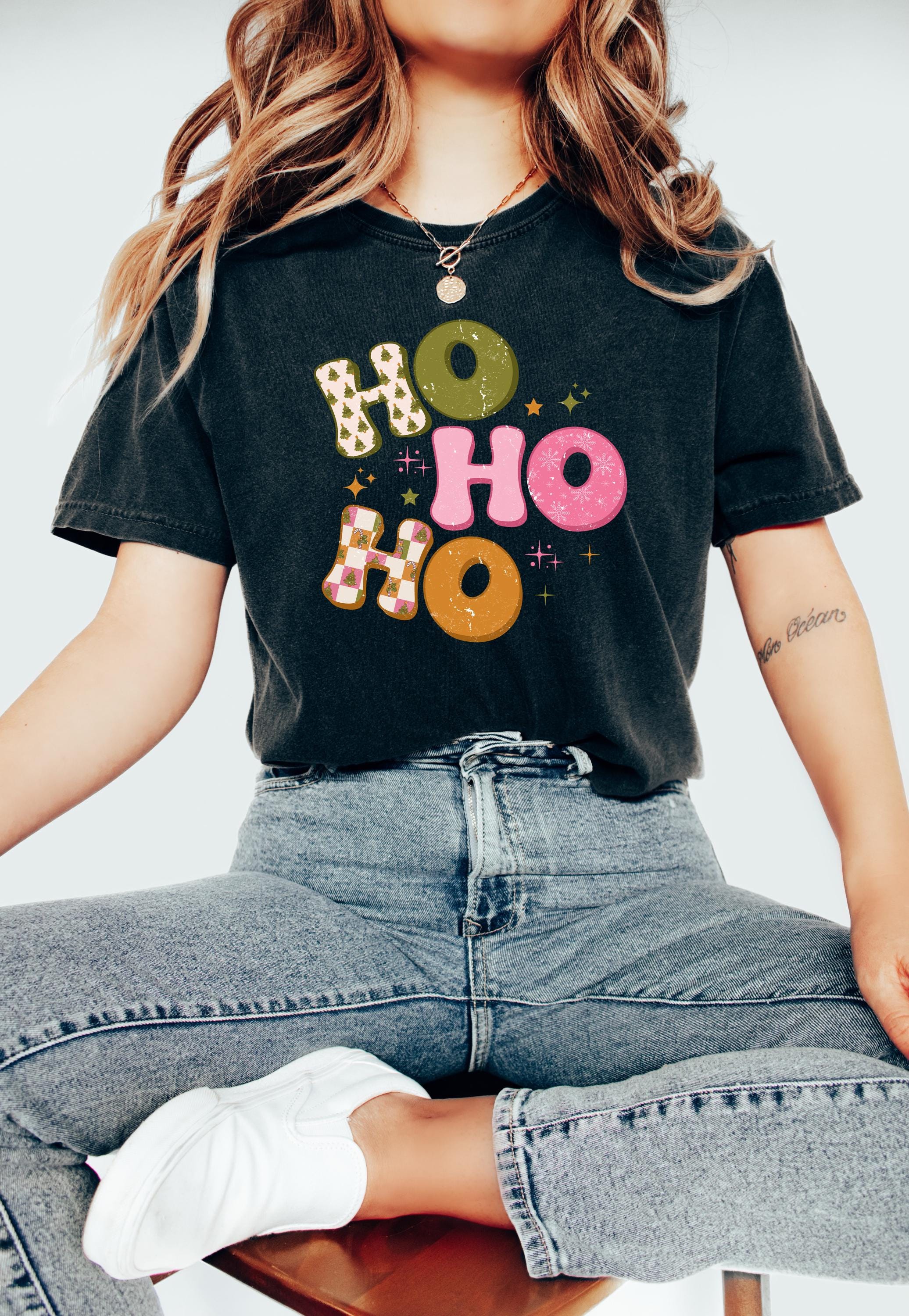 Retro Ho Ho Ho Comfort Colors Shirt, Vintage Merry Christmas TShirt, Holiday Shirt, Xmas T-Shirt, Cozy Holiday Tee, Xmas Bow T, Santa Shirt