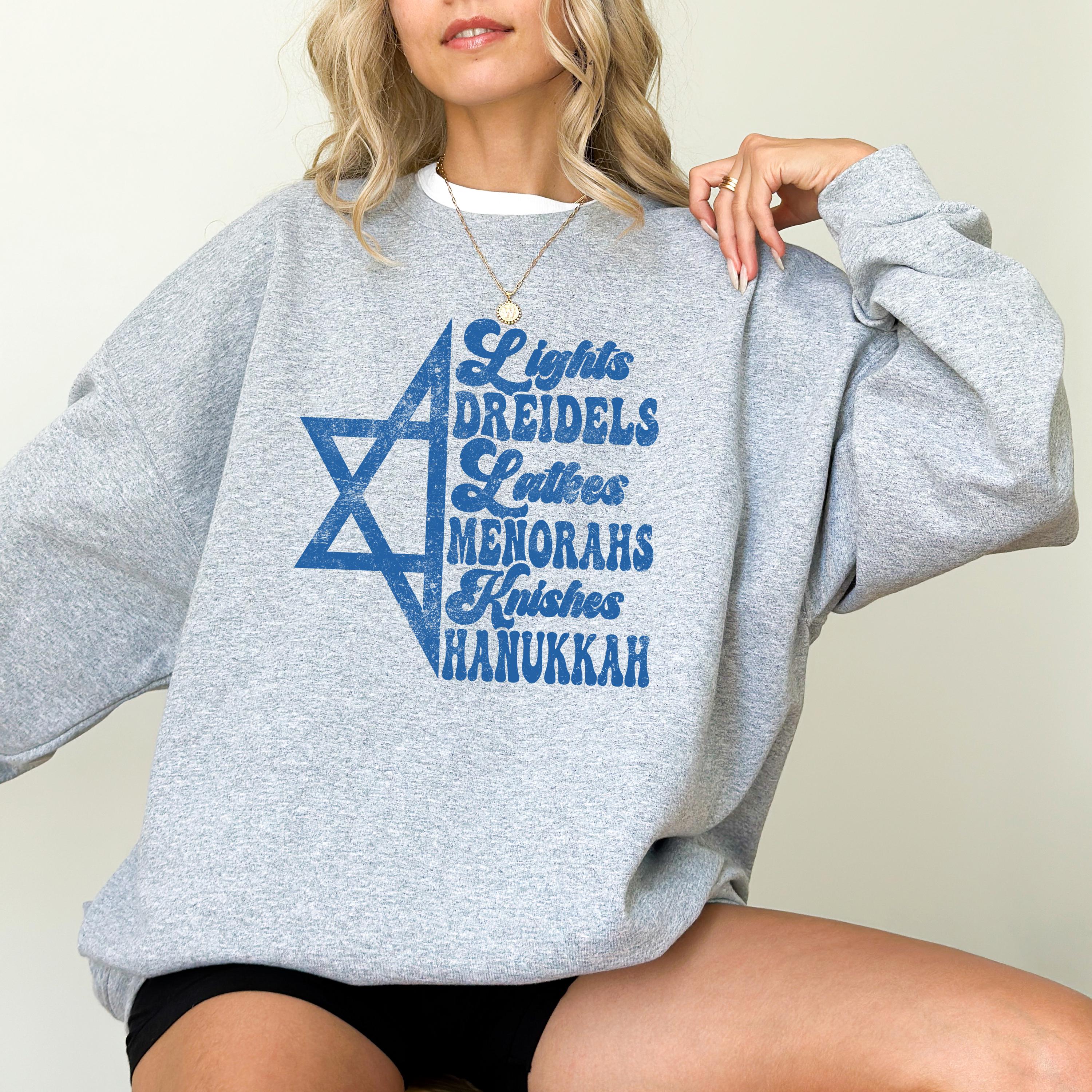 New Hanukkah Crewneck, Happy Hanukkah, Menorah Sweater, Jewish Holiday Shirt, Cute Bow Sweatshirt, Lights, Dreidels, Latkes, Knishes Shirt