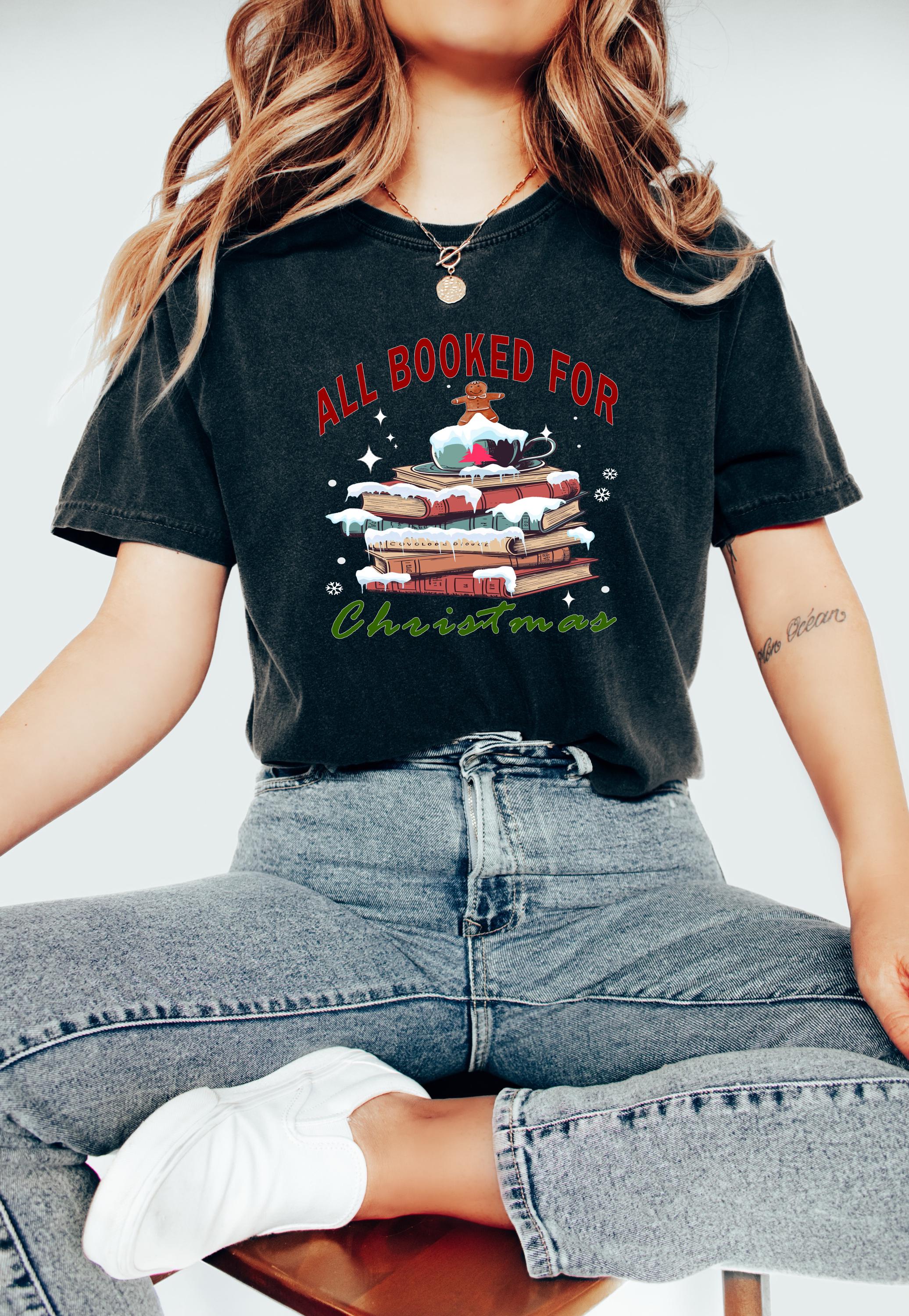 All Booked For Christmas Comfort Colors Shirt, Vintage Christmas TShirt, Holiday Bookish Shirt, Cozy Holiday Tee, Christmas Santa Design