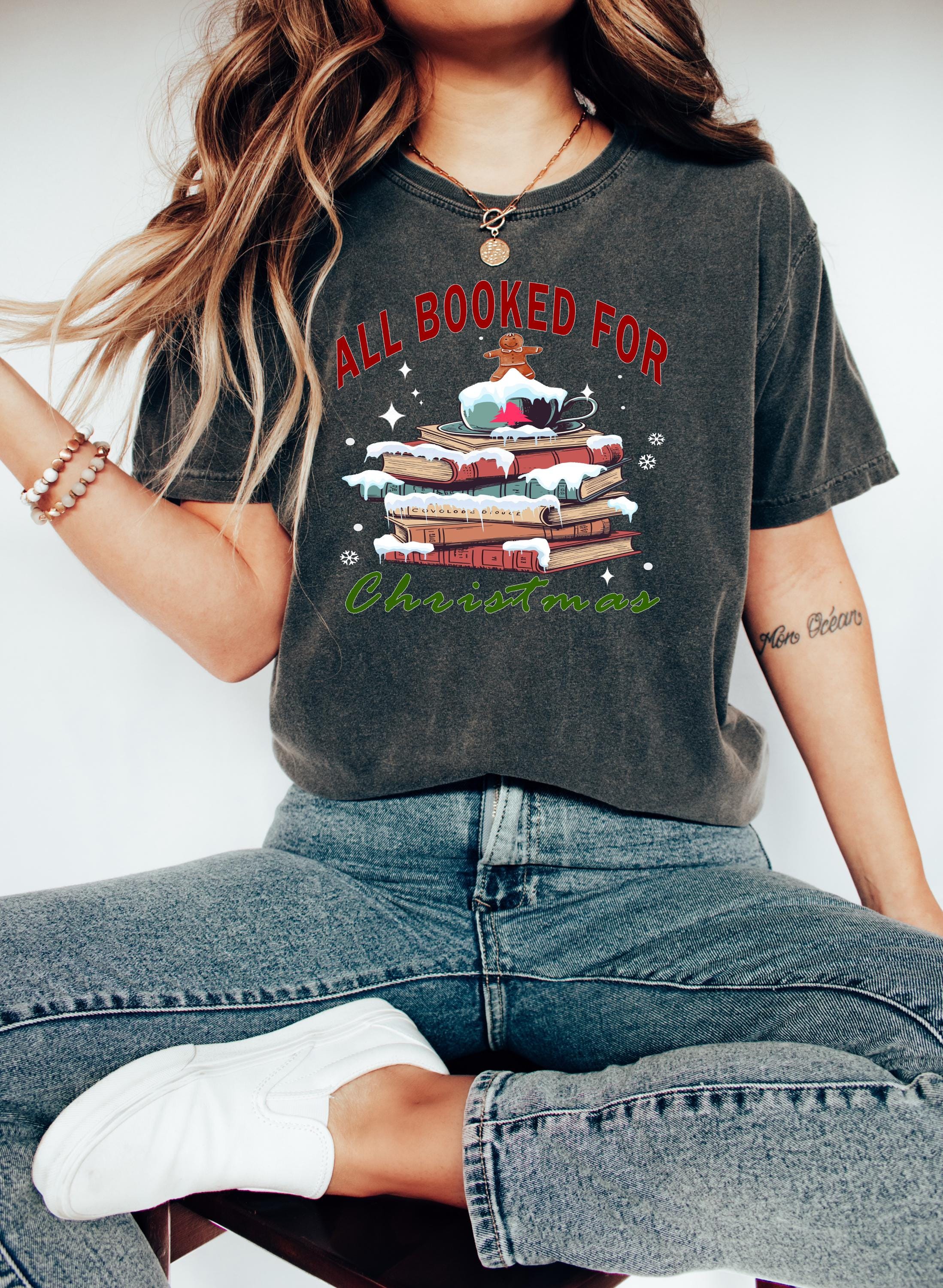 All Booked For Christmas Comfort Colors Shirt, Vintage Christmas TShirt, Holiday Bookish Shirt, Cozy Holiday Tee, Christmas Santa Design