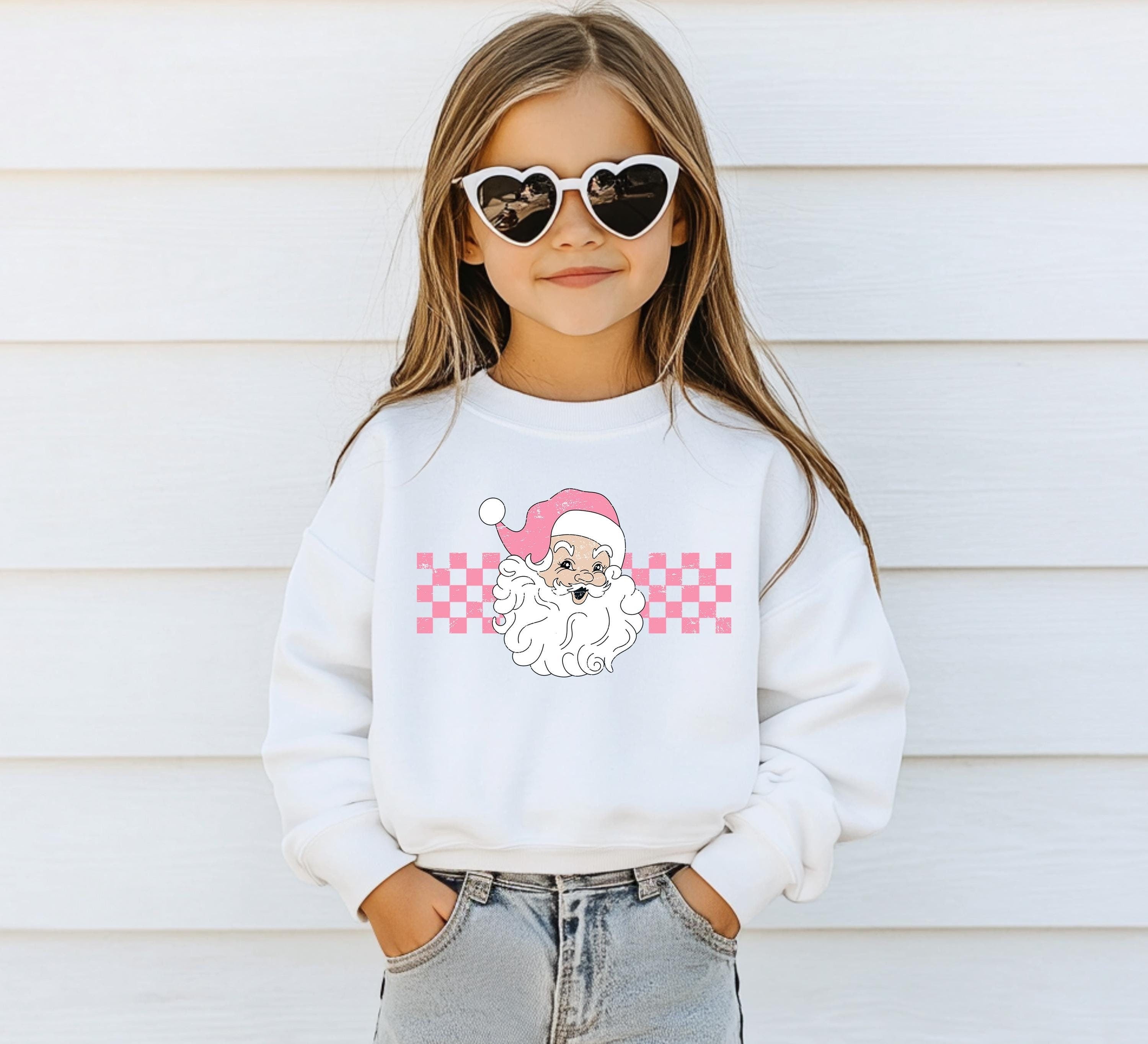 Retro Checkered Santa Christmas Youth Sweater, Christmas Cookies Sweatshirt, Kids Holiday Design, Retro Christmas Long sleeve Crewneck