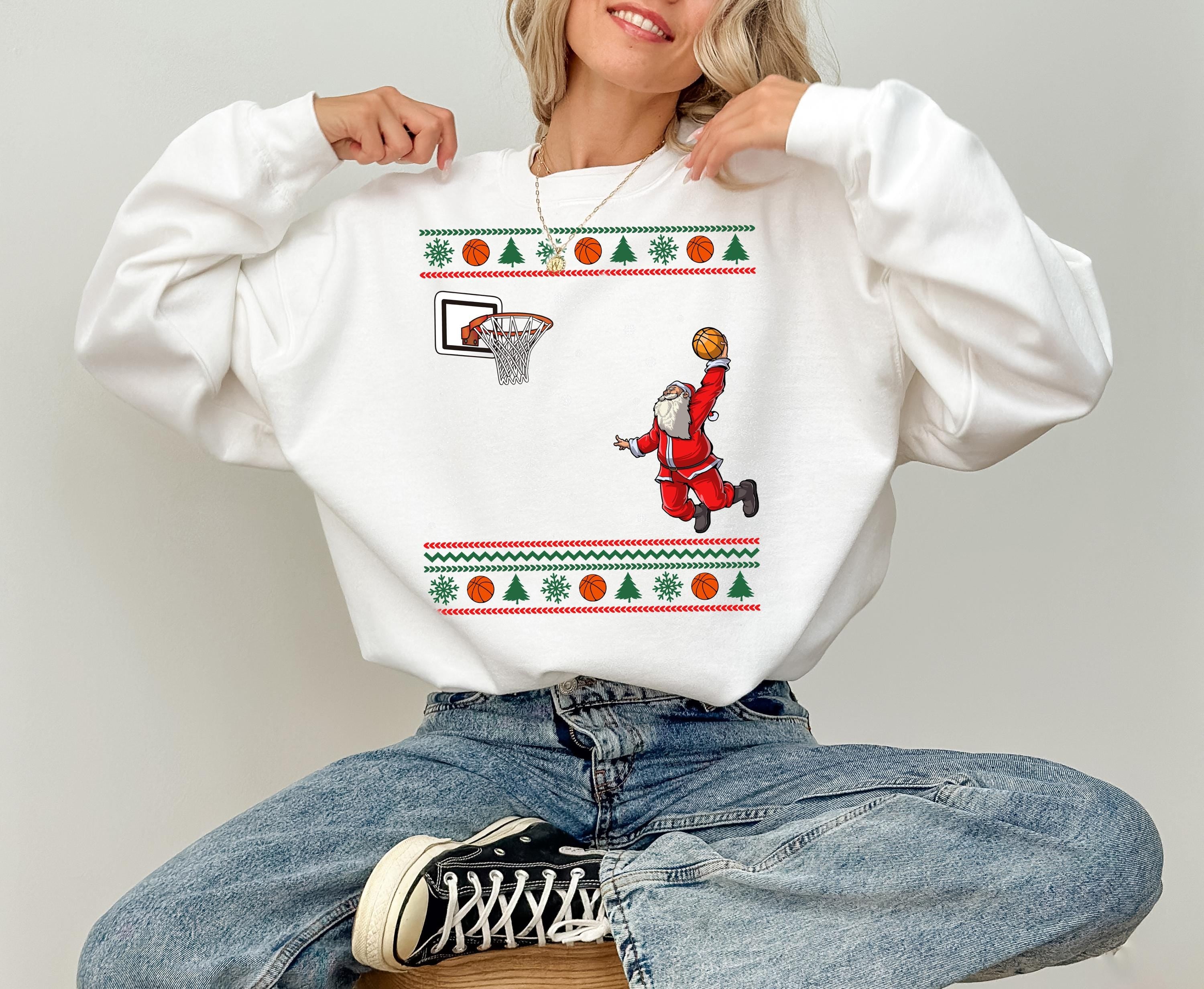 Dunking Santa Christmas Sweater, Funny Christmas Crewneck, Retro Christmas Sweatshirt, Xmas Graphic Pullover, Holiday Basketball Jumper