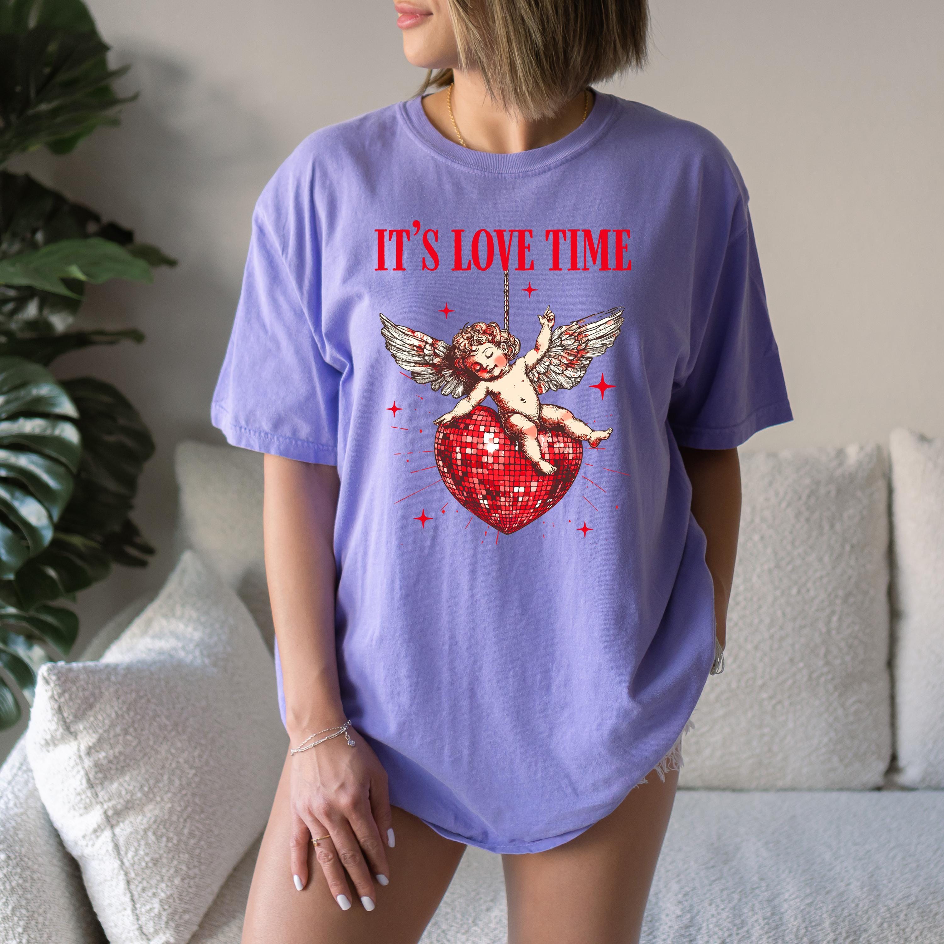 It's Love Time Valentine's Day Comfort Colors Shirt, Cute Cupid Valentine Shirt, Anti Love TShirt, Galentine's Day 2025, Disco Ball Heart