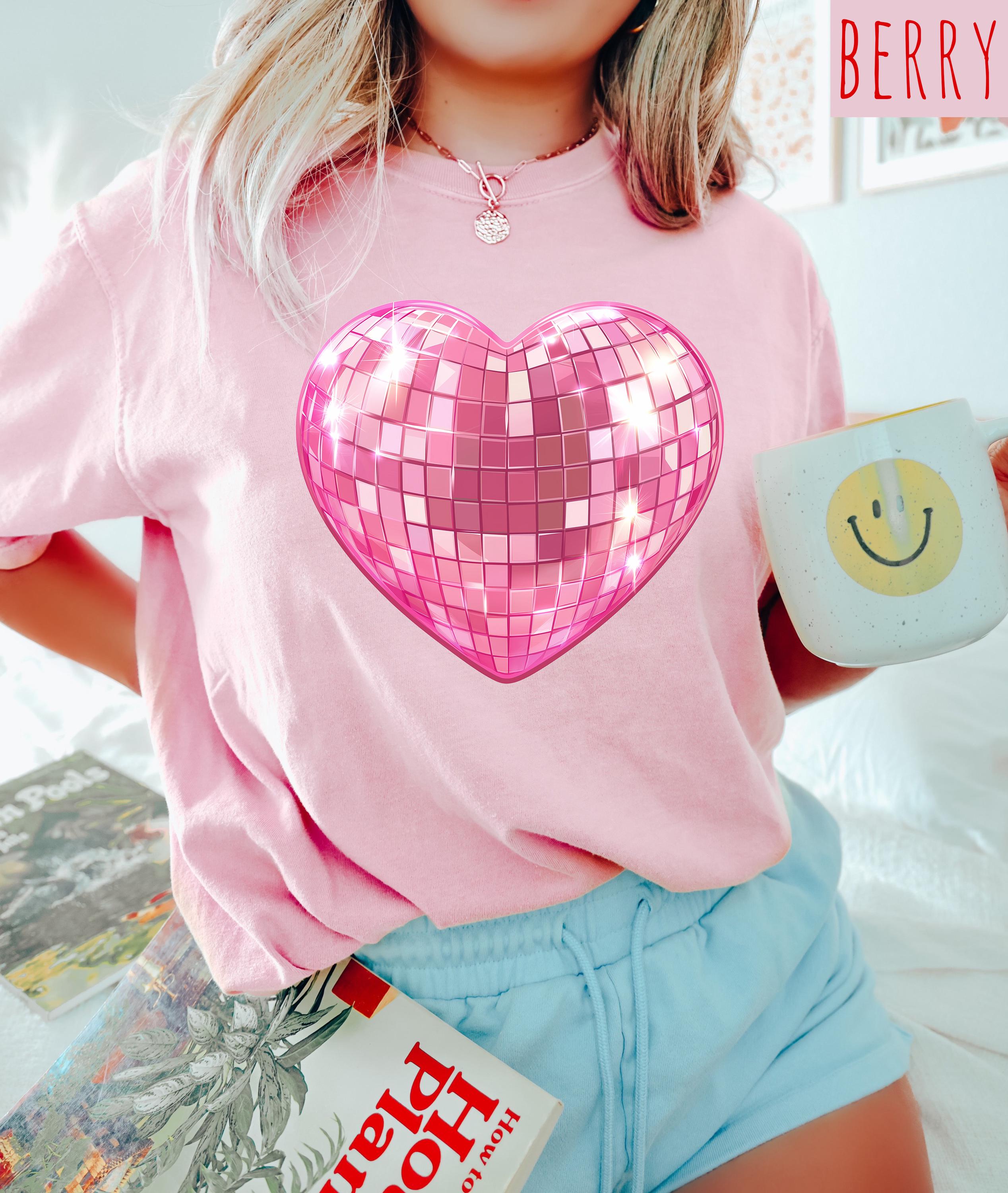 Disco Heart Valentine's Day Comfort Colors Shirt, Cute Pink Heart Valentine Shirt, Retro Disco ball Design, Galentine's Day Tshirt 2025