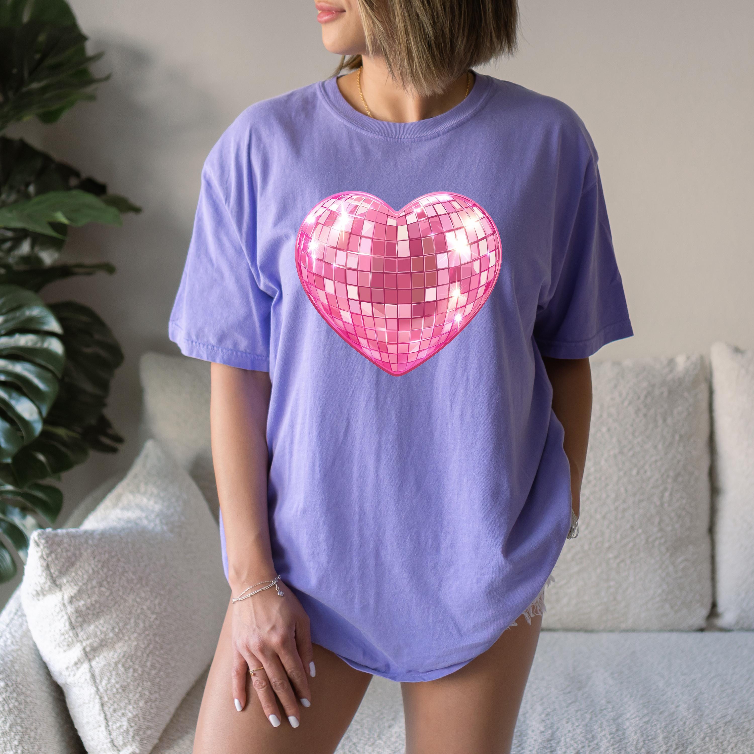 Disco Heart Valentine's Day Comfort Colors Shirt, Cute Pink Heart Valentine Shirt, Retro Disco ball Design, Galentine's Day Tshirt 2025