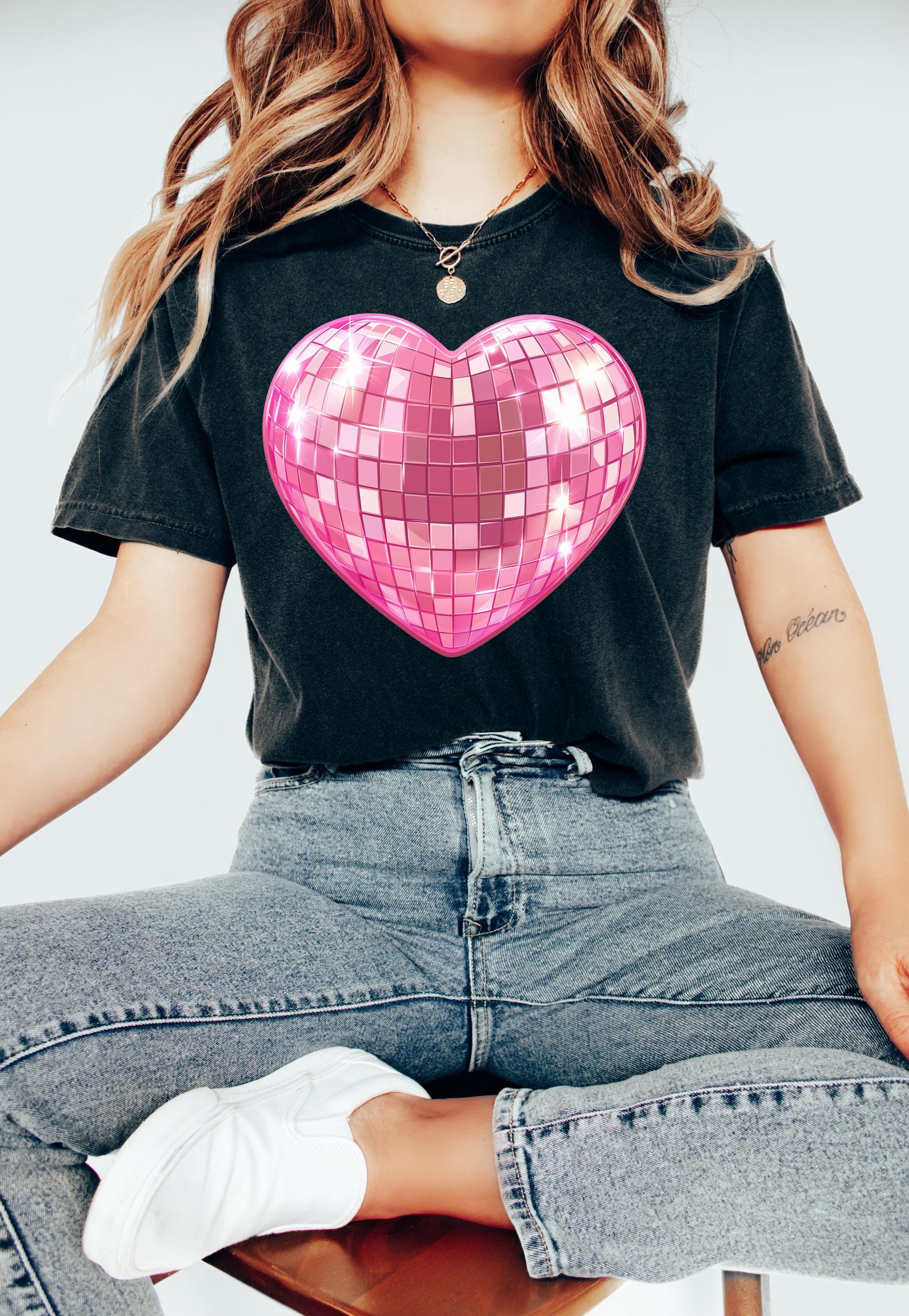 Disco Heart Valentine's Day Comfort Colors Shirt, Cute Pink Heart Valentine Shirt, Retro Disco ball Design, Galentine's Day Tshirt 2025
