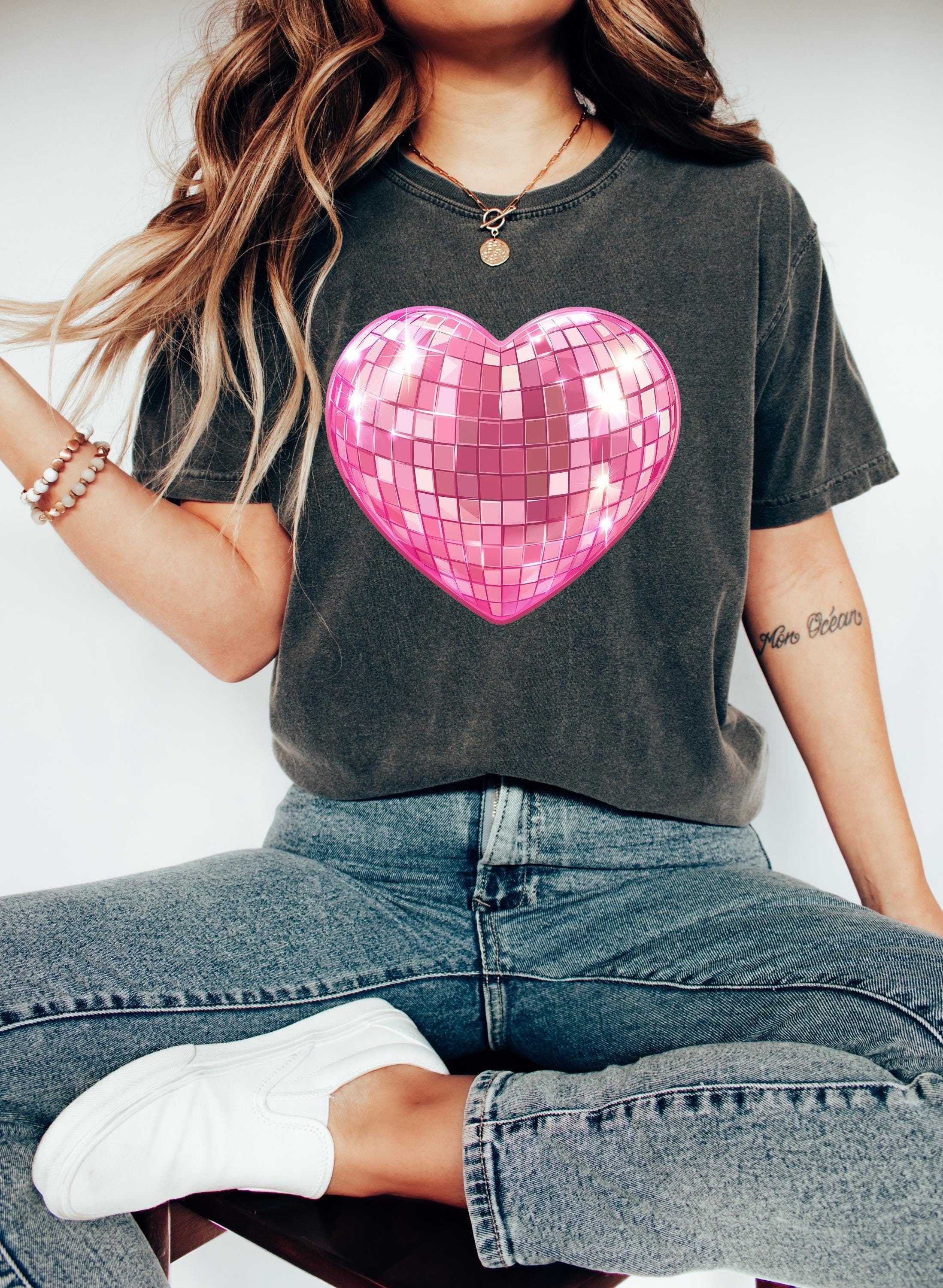 Disco Heart Valentine's Day Comfort Colors Shirt, Cute Pink Heart Valentine Shirt, Retro Disco ball Design, Galentine's Day Tshirt 2025