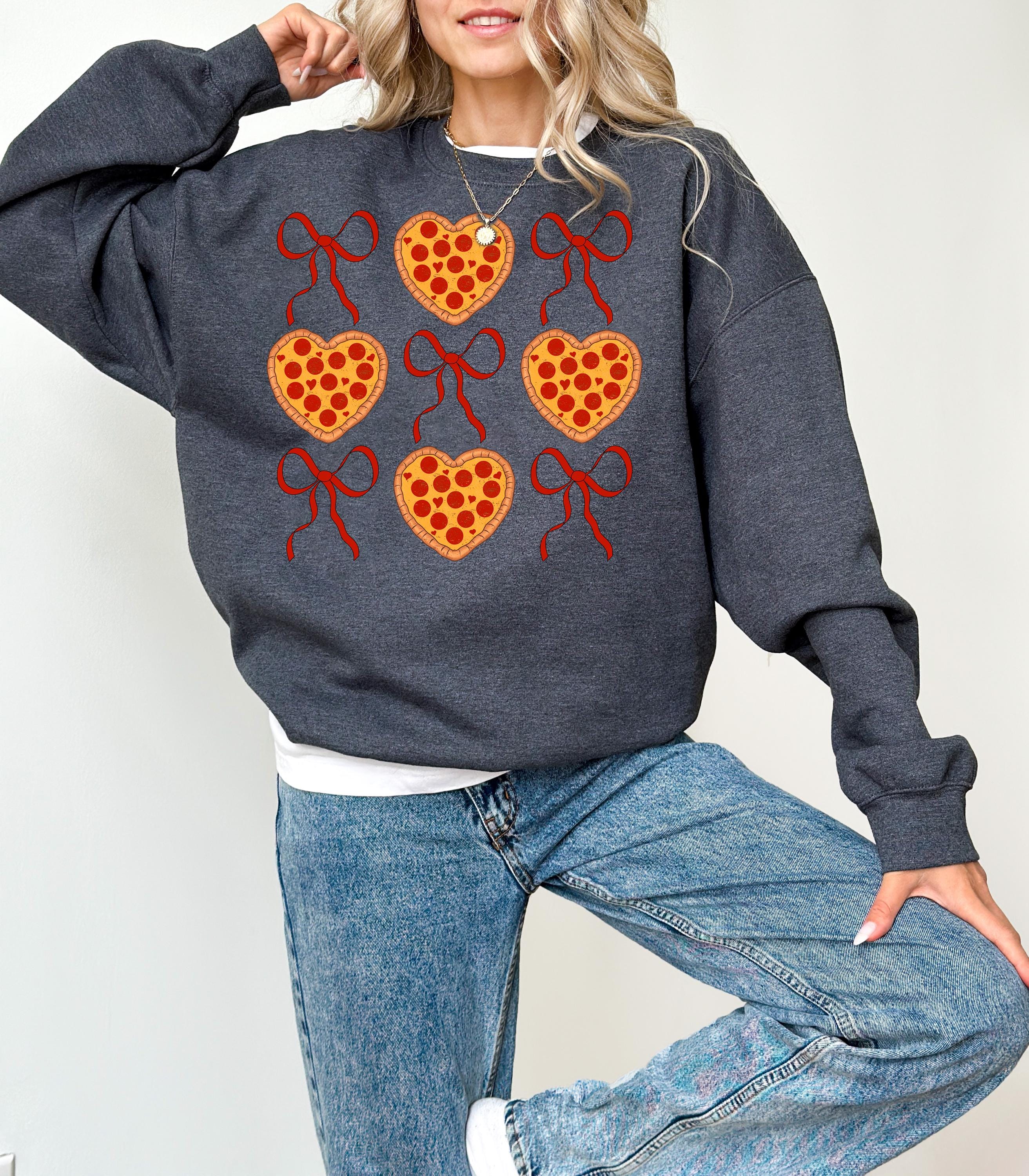 Heart Pizzas and Red Bows Valentine's Day Crewneck, Retro Valentines Sweatshirt, Valentines Day TShirt, Galentine's Day Sweatshirt, Foodie T