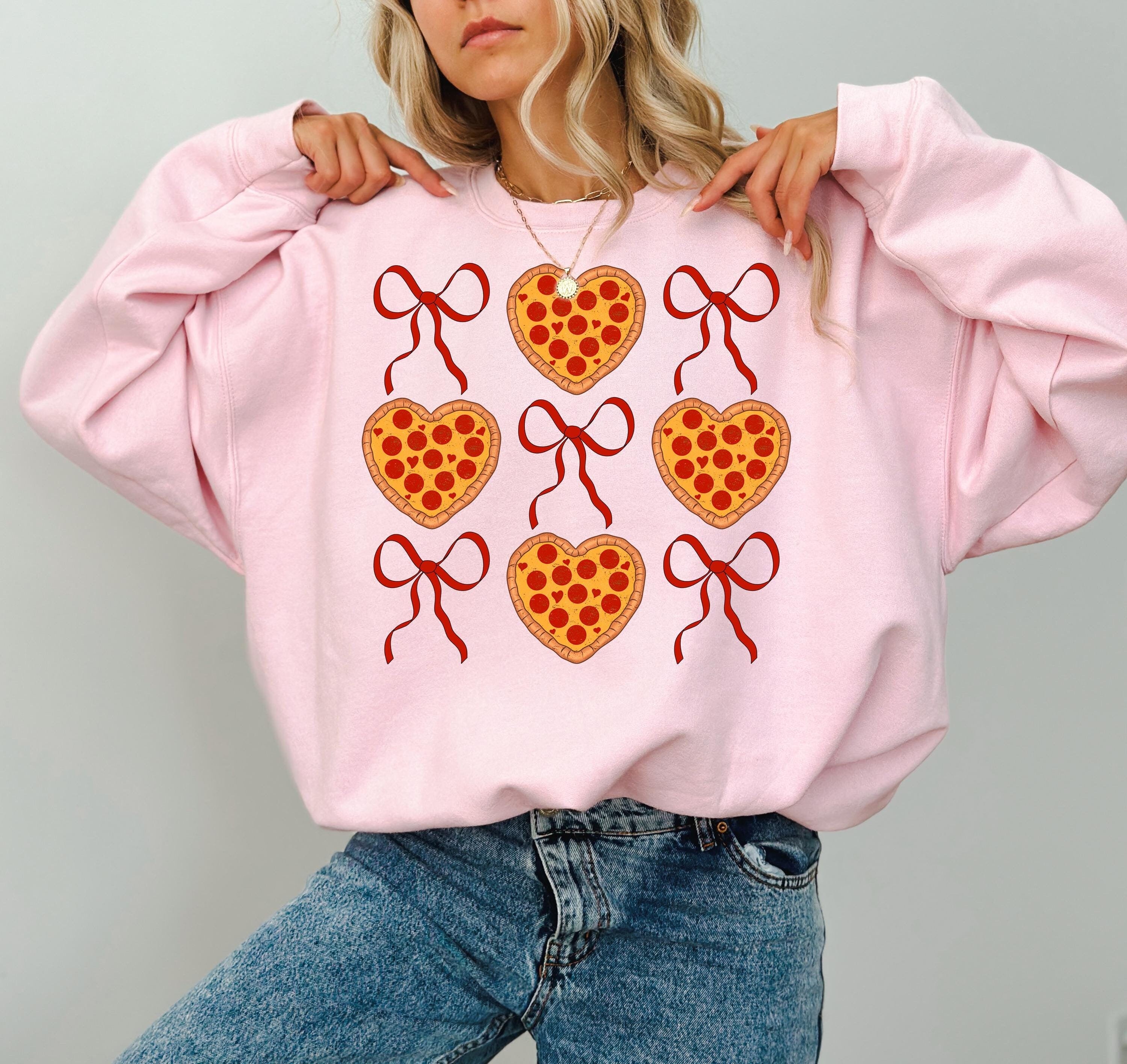 Heart Pizzas and Red Bows Valentine's Day Crewneck, Retro Valentines Sweatshirt, Valentines Day TShirt, Galentine's Day Sweatshirt, Foodie T