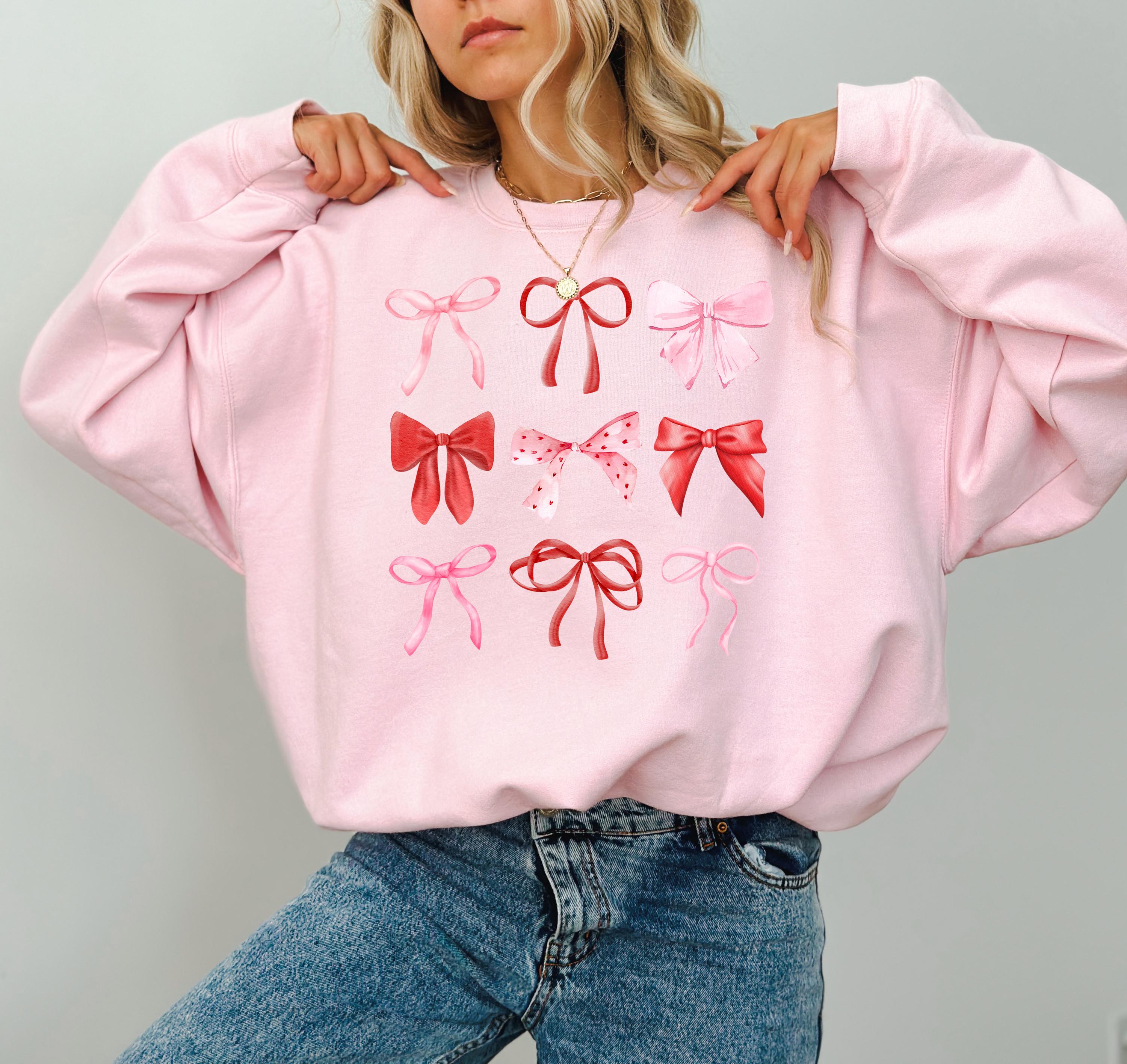 Cute Pink and Red Bows Valentine's Day Crewneck, Retro Valentines Sweatshirt, Valentines Day TShirt, Galentine's Day Sweatshirt,