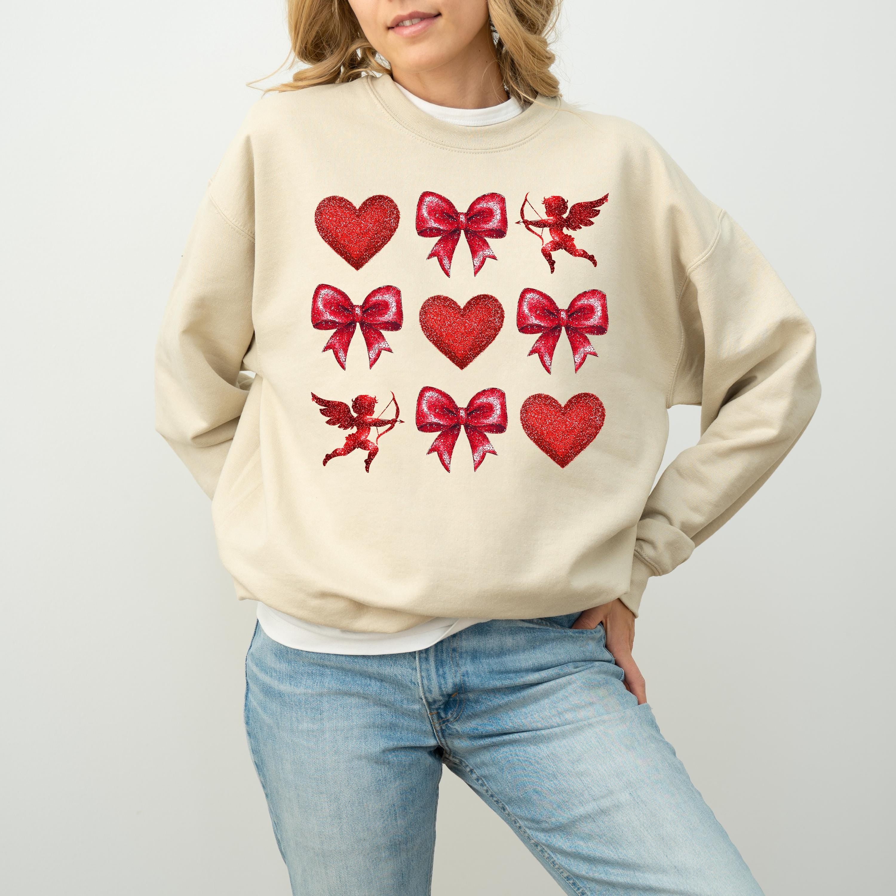 Baby Cupid Valentine's Day Crewneck, Retro Red Hearts Valentines Sweatshirt, Valentines Day TShirt, Galentine's Day Red Bows Pullover,