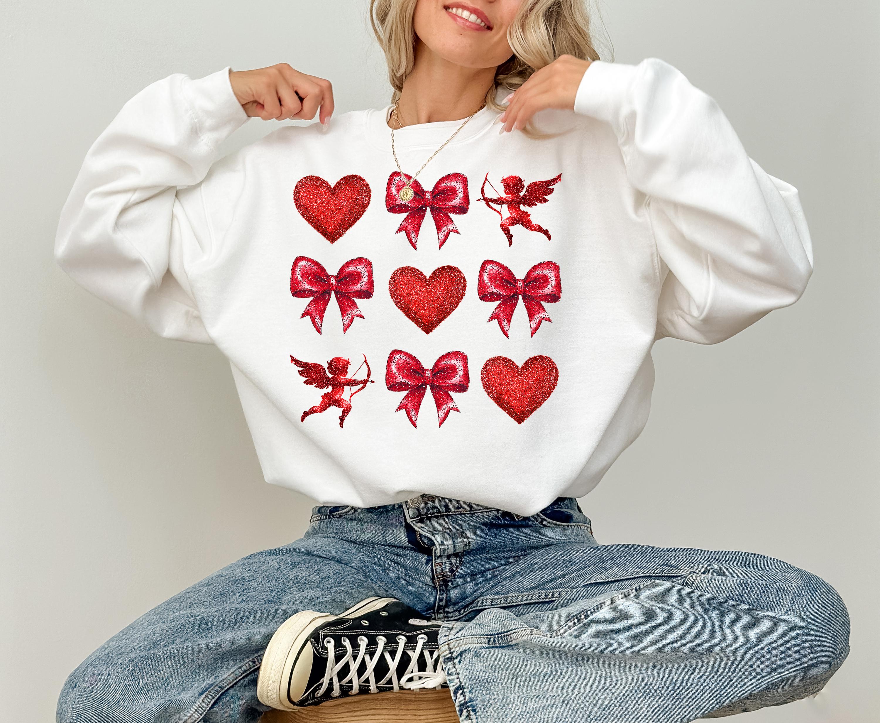 Baby Cupid Valentine's Day Crewneck, Retro Red Hearts Valentines Sweatshirt, Valentines Day TShirt, Galentine's Day Red Bows Pullover,